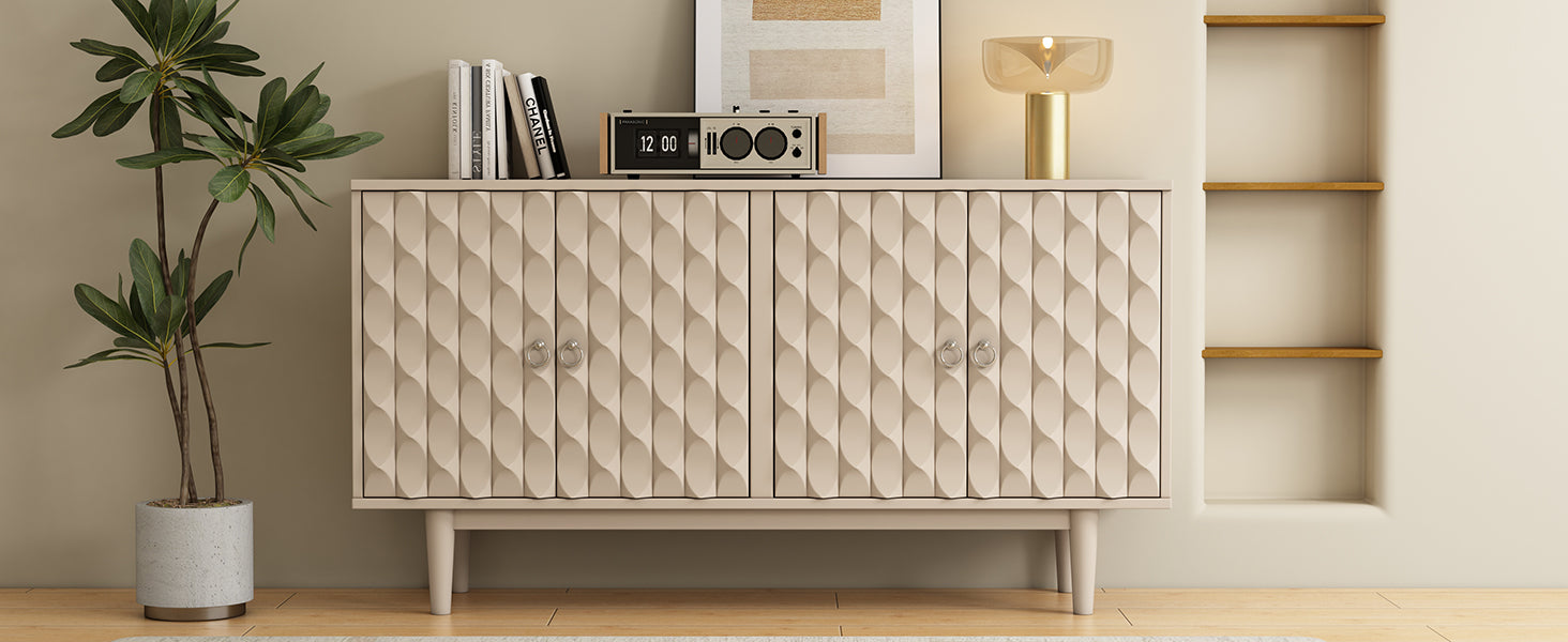 Modern 4 Door Sideboard With Convex Pattern Doors And 2 Silver Handle For Living Room, Dining Room, Kitchen Almond Almond Mdf