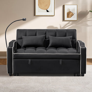 1 Multifunctional Foldable Sofa Bed In 3 Different Lengths, Modern Sofa, Upgraded Suede Fabric, Adjustable Backrest, With Usb Port, Ashtray, And Rotating Telephone Stand Black Suede Plywood 2 Seat