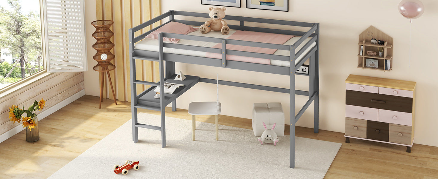 Twin Loft Bed With Built In Desk And Bookcase Of Three Compartments, Guardrails And Ladder,Grey Twin Grey Pine