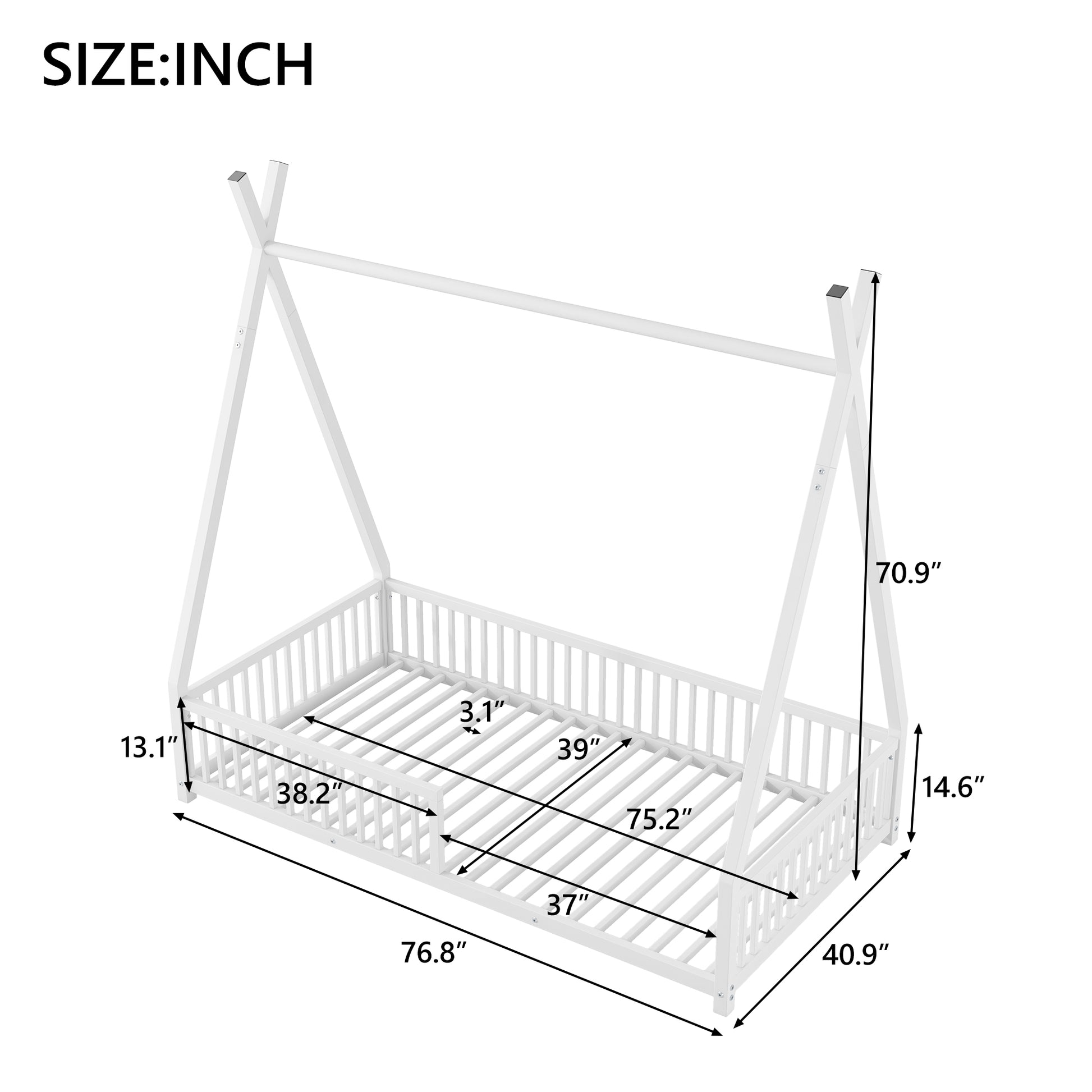 Metal Twin Size House Platform Bed With Triangle Structure And Guardrail, White Expected Arrival Time: 9.7 Box Spring Not Required Twin White Metal Metal