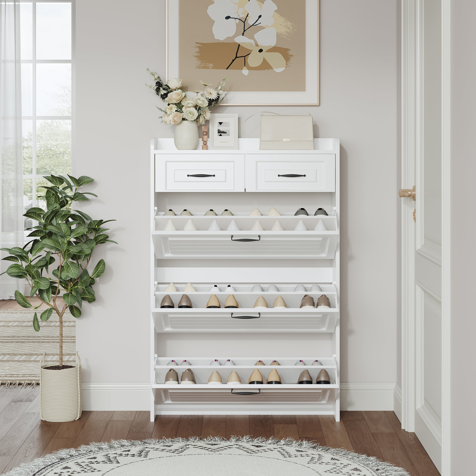 1250 White Color Shoe Cabinet With 3 Doors 2 Drawers,Large Space For Storage White Particle Board Mdf