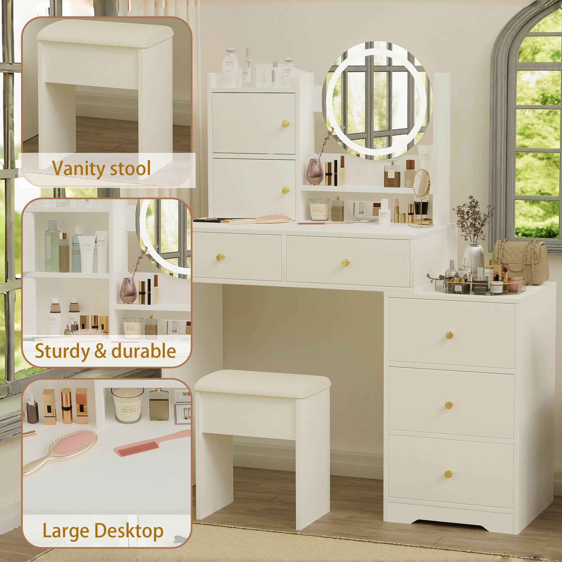 Fashion Vanity Desk With Mirror And Lights For Makeup And Cushioned Chair, Vanity Mirror With Lights And Table Set With 3 Color Lighting Brightness Adjustable,Dressing Table, White Color White