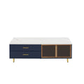 Modern Navy Blue Coffee Table With 2 Glass Door Storage, 4 Drawers, Gold Metal Legs, And Multi Color Lighting In 47.2'' Navy Blue Drawers Mdf