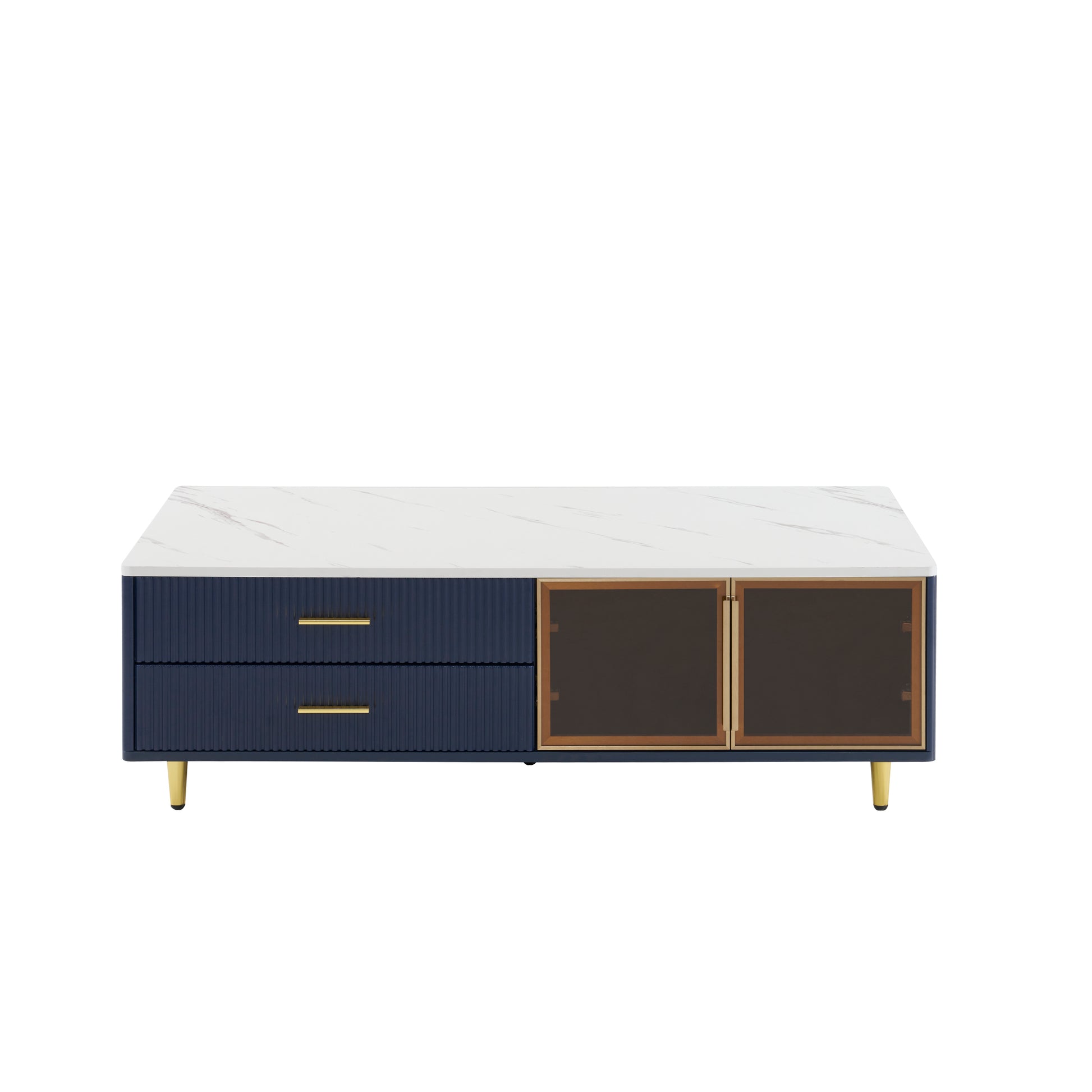 Modern Navy Blue Coffee Table With 2 Glass Door Storage, 4 Drawers, Gold Metal Legs, And Multi Color Lighting In 47.2'' Navy Blue Drawers Mdf