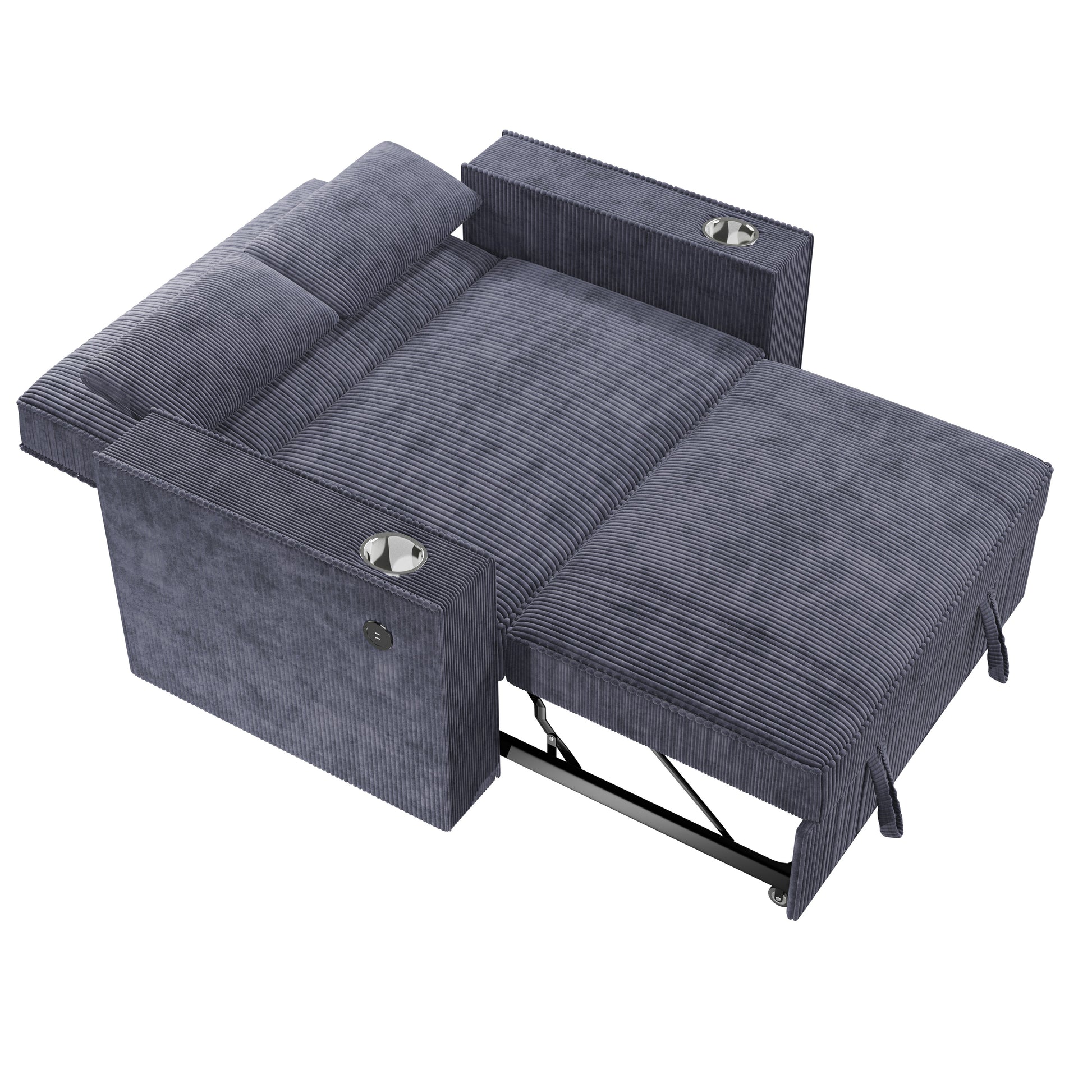 Dark Gray Corduroy Upholstered 2 Seat Sofa W Cup Holders Sleeper Couch 1Pc Convertible Sofa W Usb Dark Gray Wood Primary Living Space Cushion Back Contemporary,Modern,Transitional Rubberwood Square
