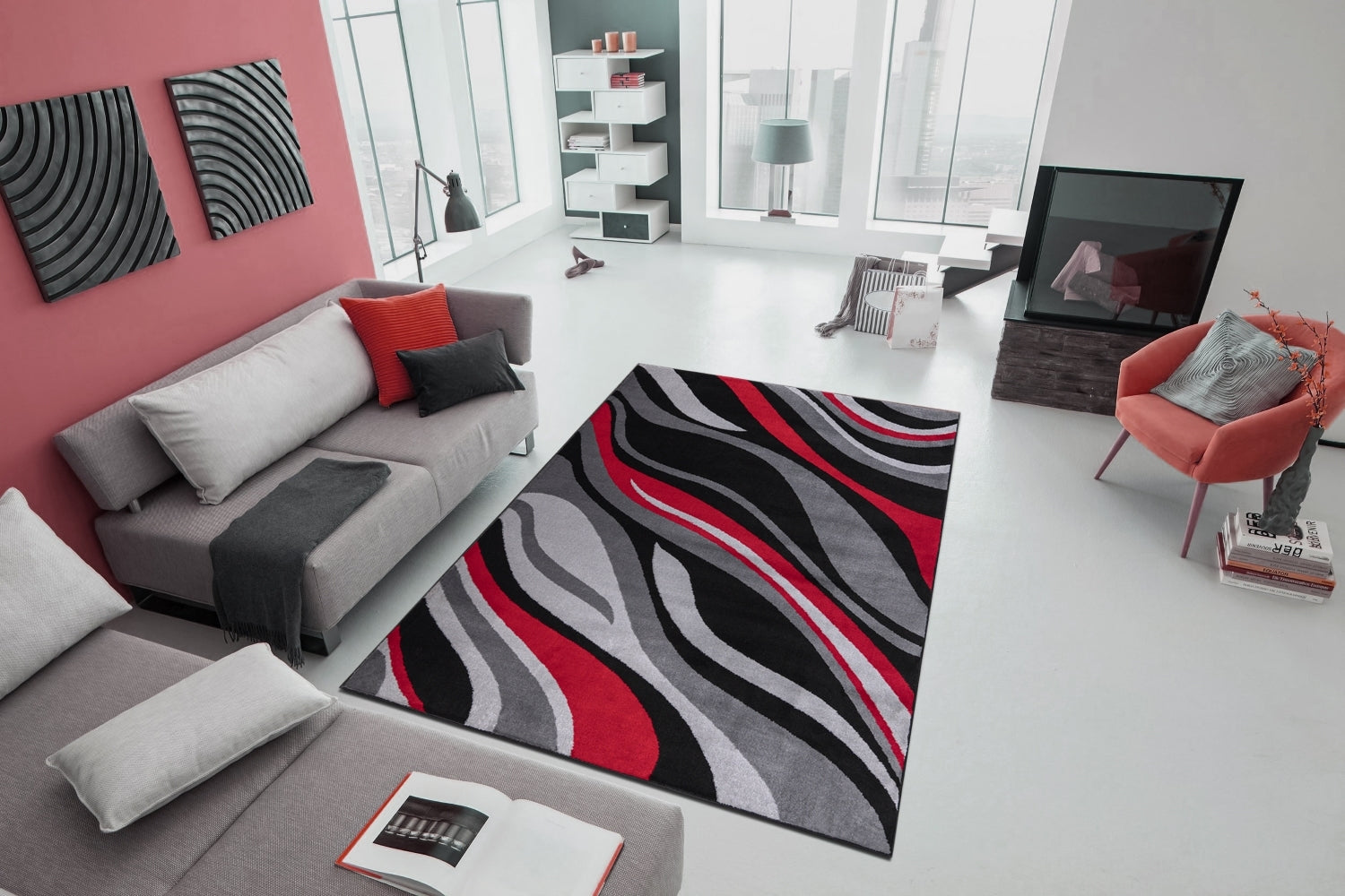 Jersey Area Rugs, Carpets For Livingroom, 5X7 Area Rugs ,1125 Black Red Rectangle 5&7 Black Red Contemporary Abstract Polypropylene