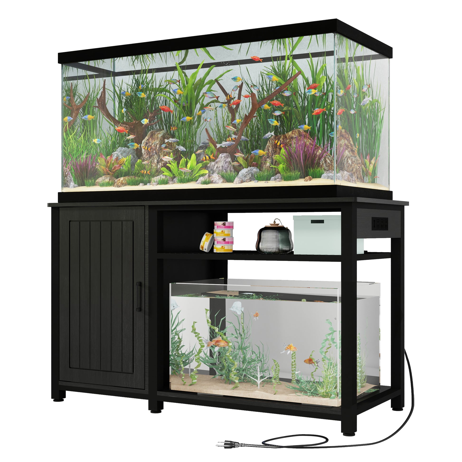 Heavy Duty 55 75 Gallon Aquarium Stand With Power Outlets, Cabinet For Fish Tank Accessories Storage Metal Fish Tank Stand Suitable For Fish Tank, Turtle Tank, 880Lbs Capacity, Black 1 2 Shelves Black Adjustable Shelves Particle Board