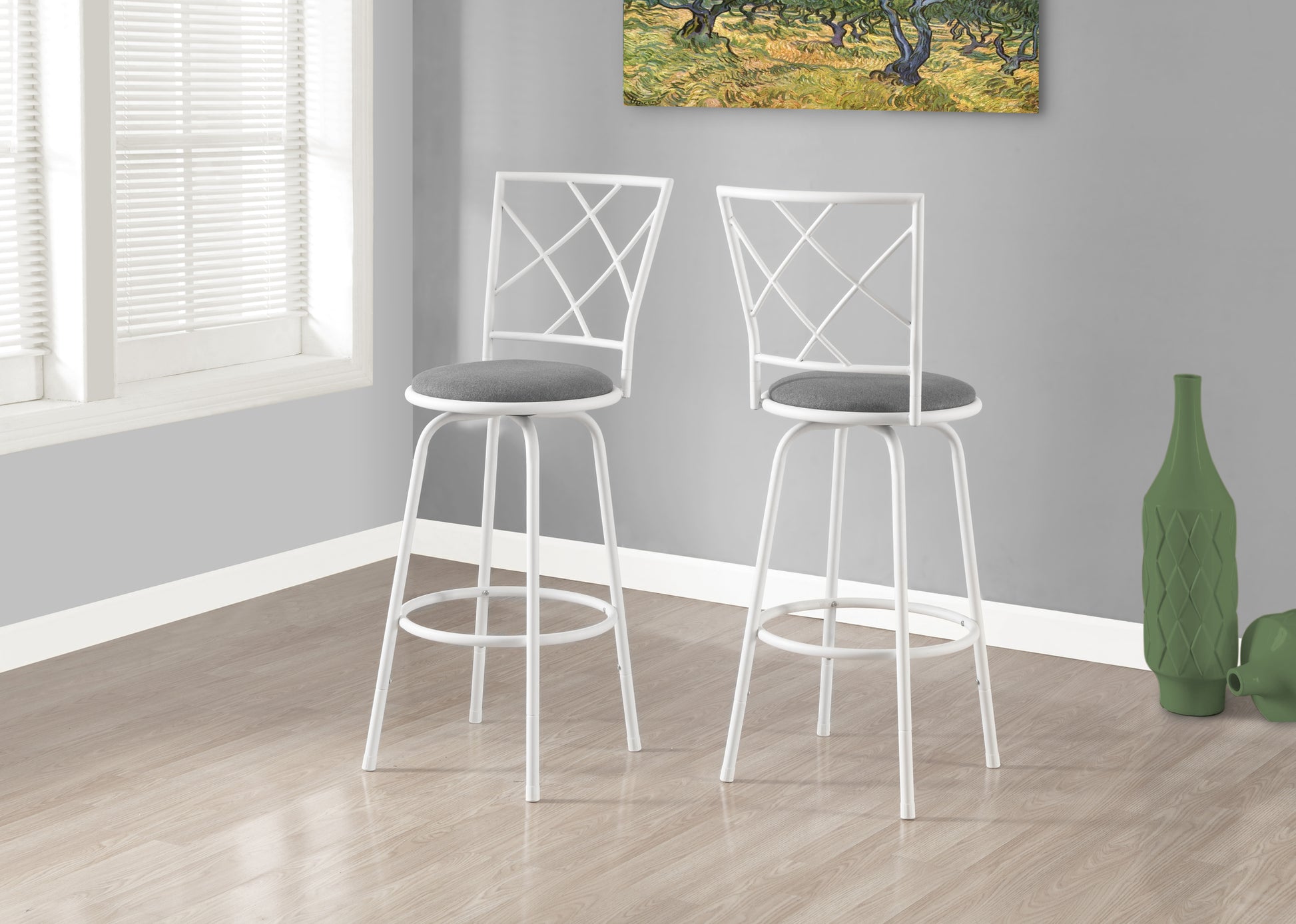 Bar Stool, Set Of 2, Swivel, Bar Height, White Metal, Grey Fabric, Contemporary, Modern White Foam Metal