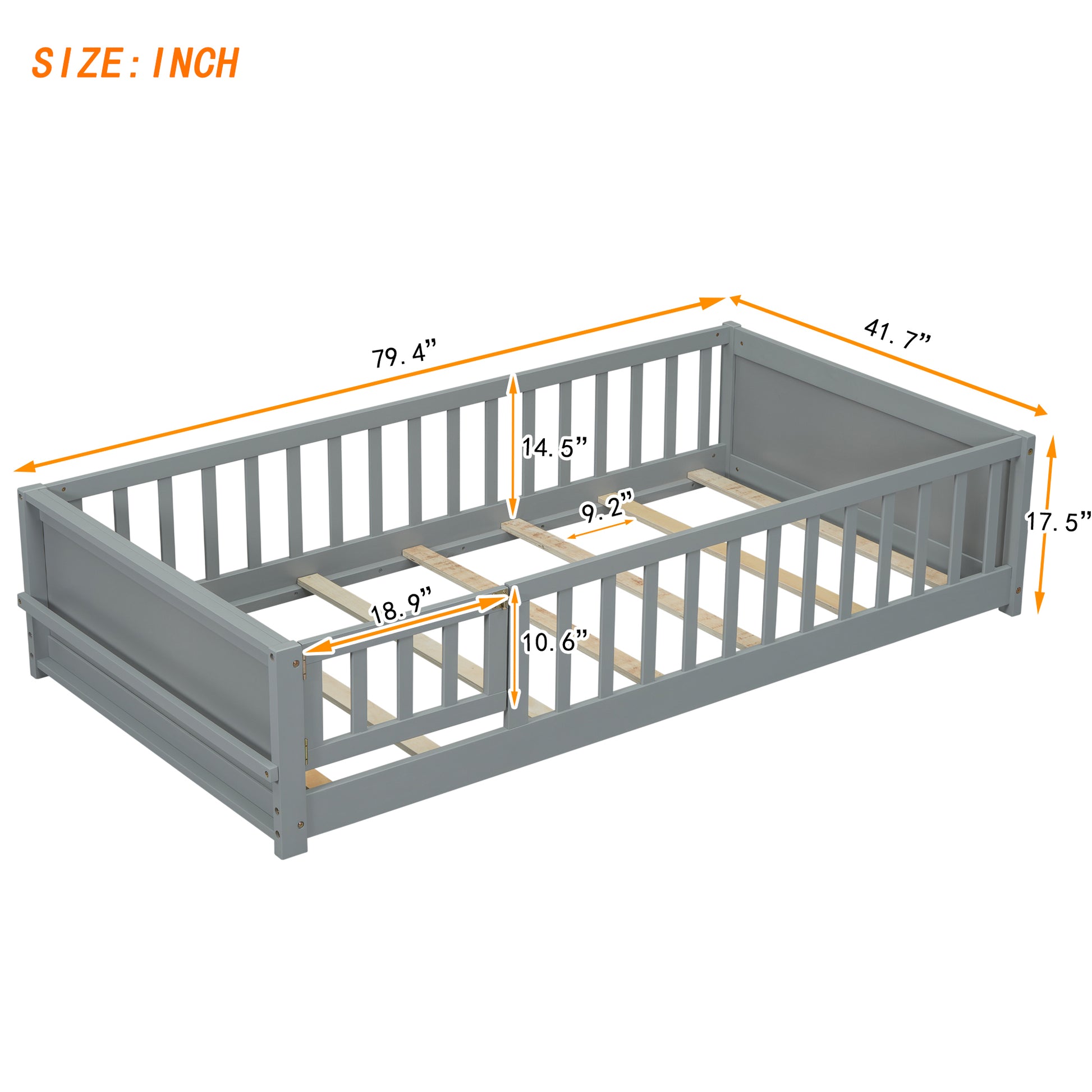 Twin Size Floor Platform Bed With Built In Book Storage Rack, Door,Grey Twin Grey American Design Pine