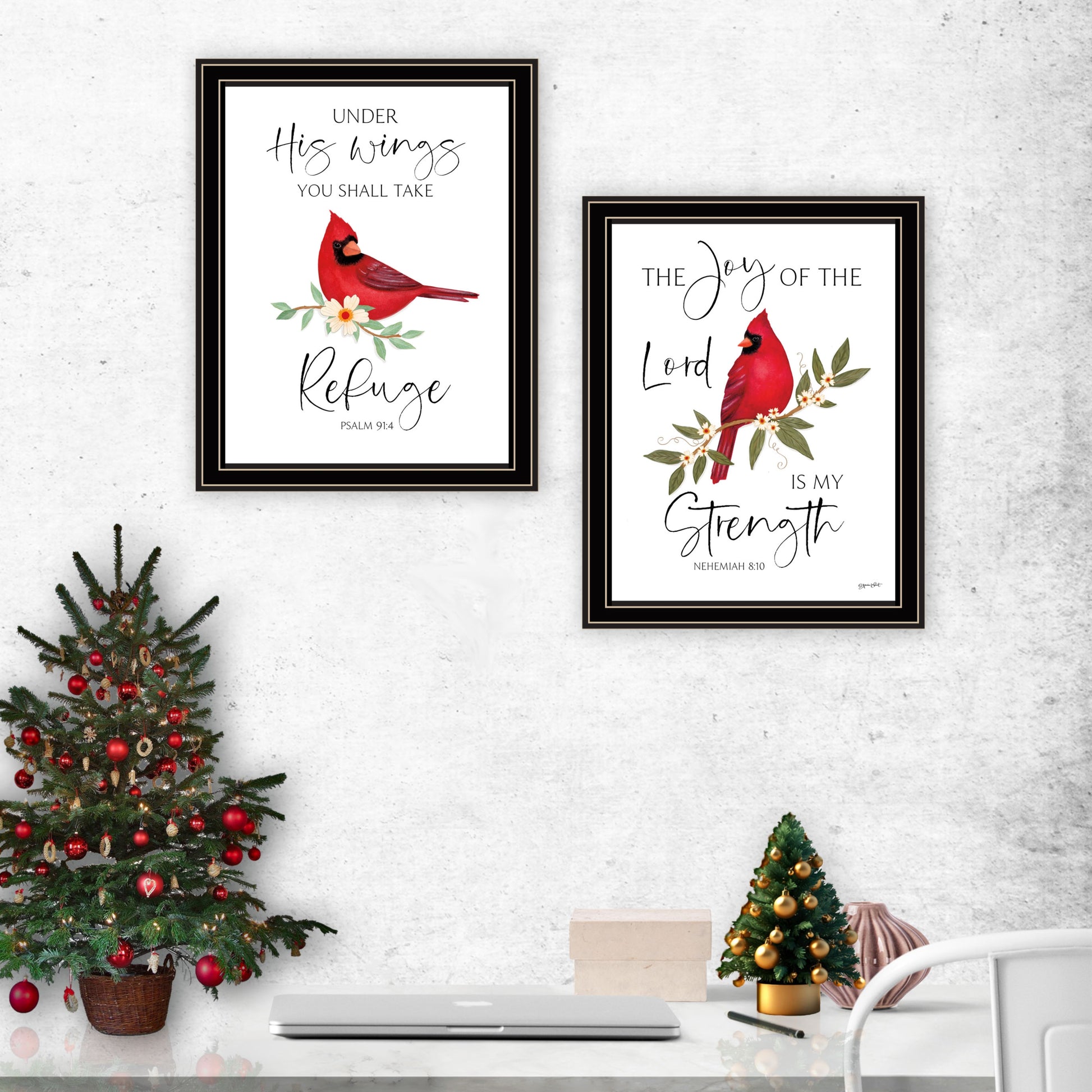 2 Piece Vignette The Lord Is My Strength Red Cardinals Black Framed Wall Art For Living Room, Bedroom Wall Art Print For Home Decor By Annie Lapoint Multicolor Wood Paper