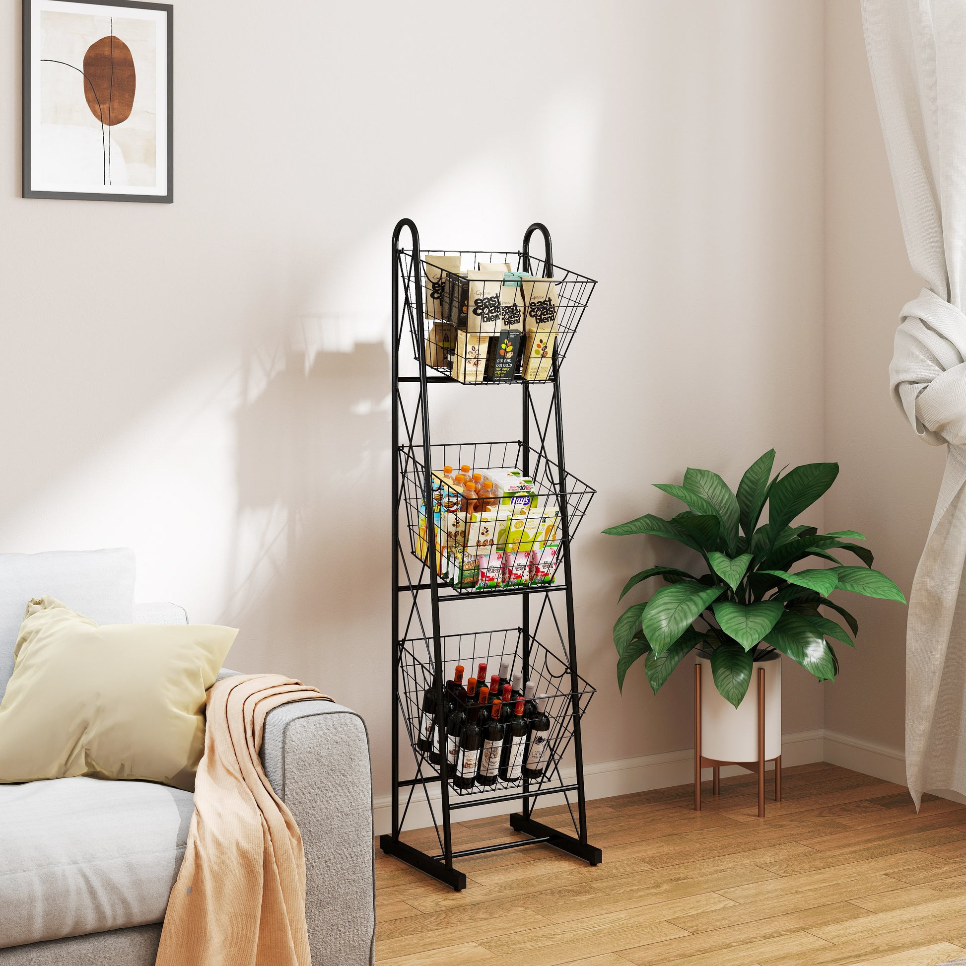 3 Tier Kitchen Storage Basket Organizer, Freestanding Metal Wire Rack For Fruit, Vegetables, And Pantry Items Black Kitchen American Design,American Traditional Metal