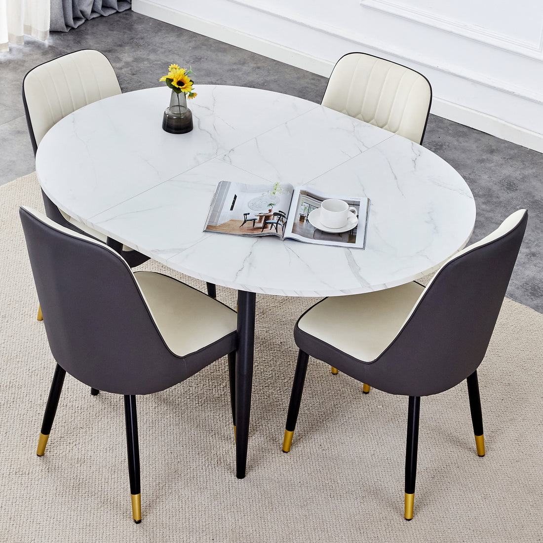 Table And Chair Set.Modern Extendable Mdf Dining Table.The Table Has A Telescopic Design, Suitable For Gatherings Of Different Size.Paired With 4 Chairs With Pu Cushions And Black Metal Legs. Dark Gray,White Seats 4 Mdf Metal