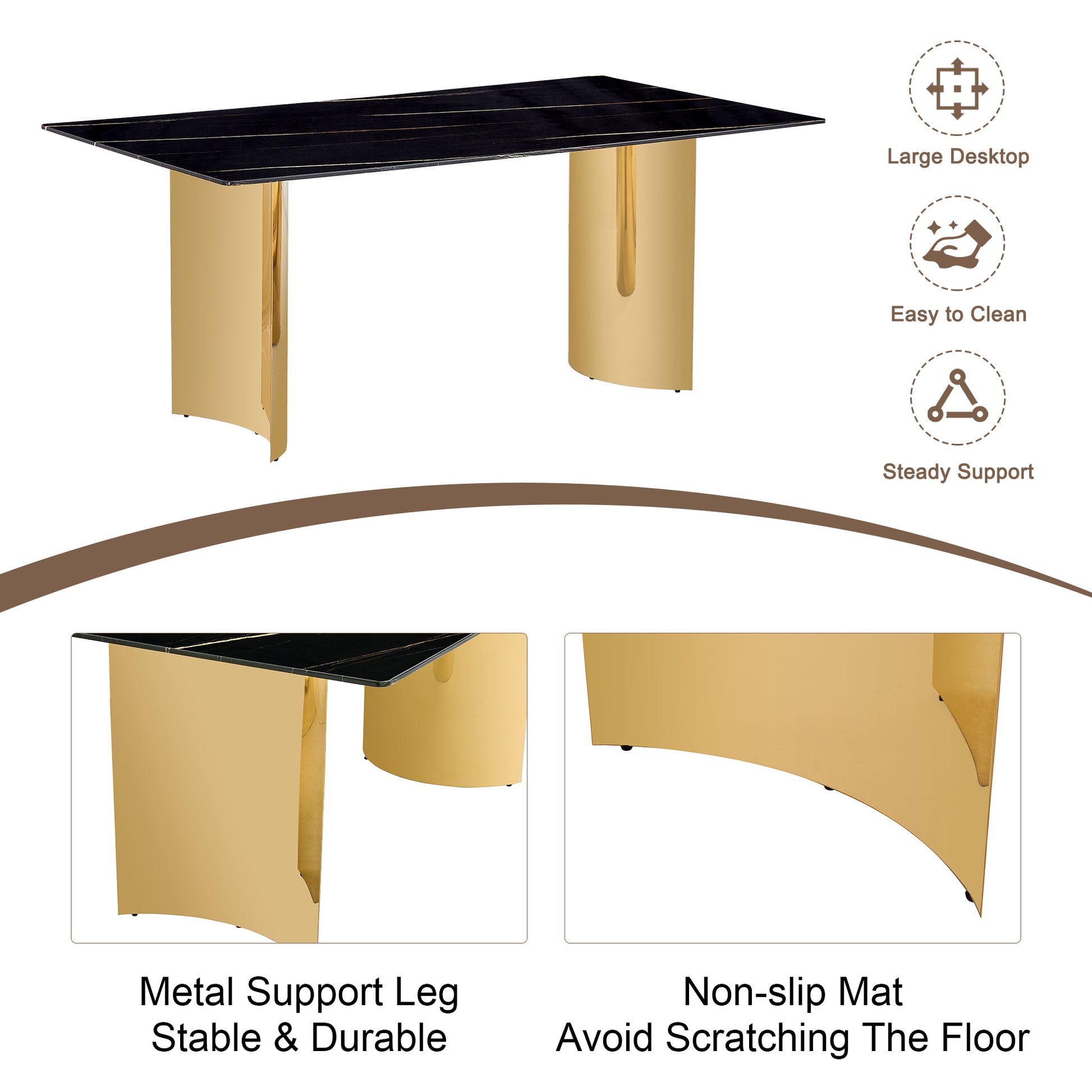 Table And Chair Set.The Table Has A Glass Tabletop With Imitation Marble Pattern Stickers And Stainless Steel Golden Table Legs. Paried With Comfortable Chairs With Pu Seats And Metal Legs. Gold Black Seats 6 Glass Metal