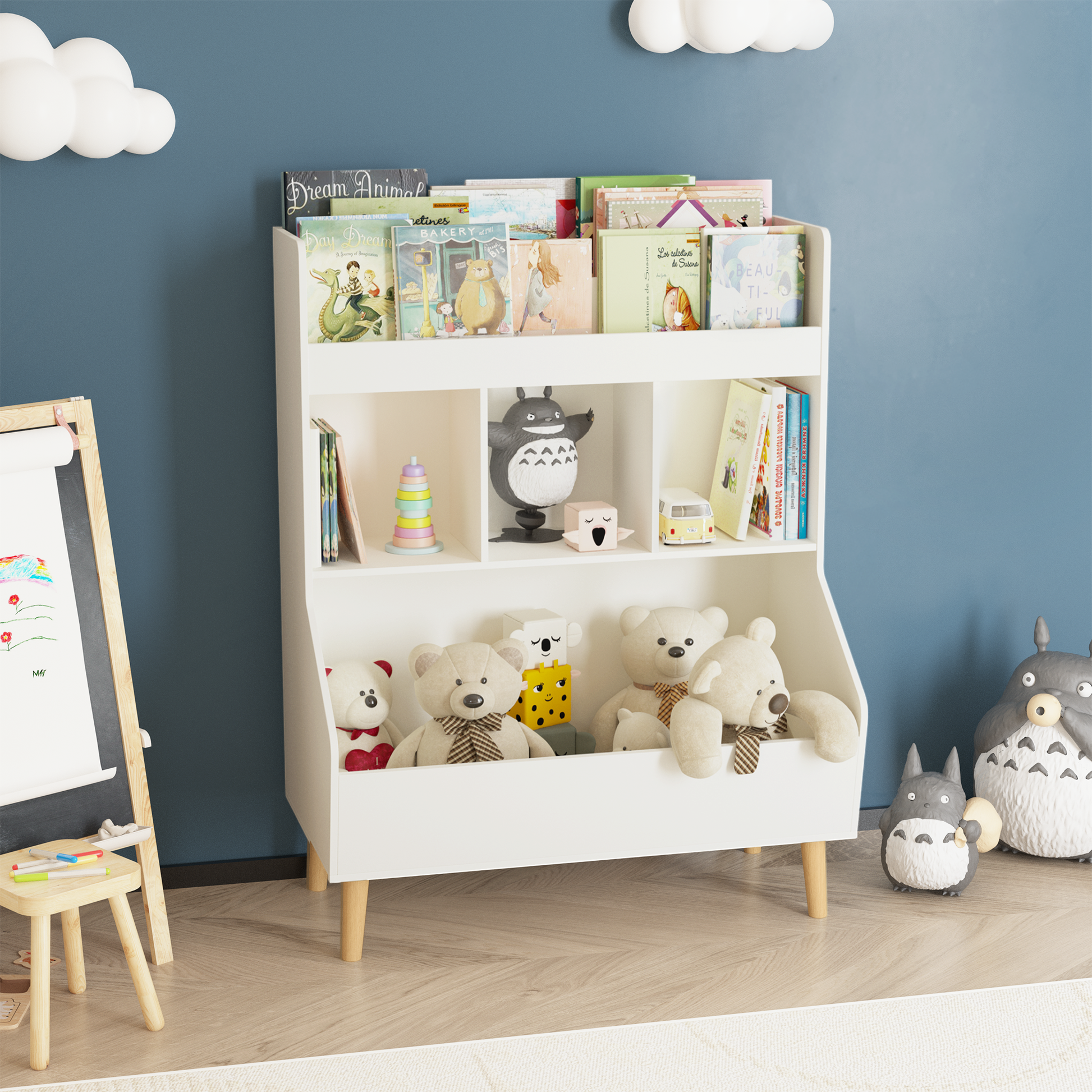 Toy Storage Organizer, Kids Bookshelf And Toy Storage With Legs, Multifunctional Storage Organizer, Children Bookcase For Kids Room, Living Room, Nursery,White White Solid Wood Mdf