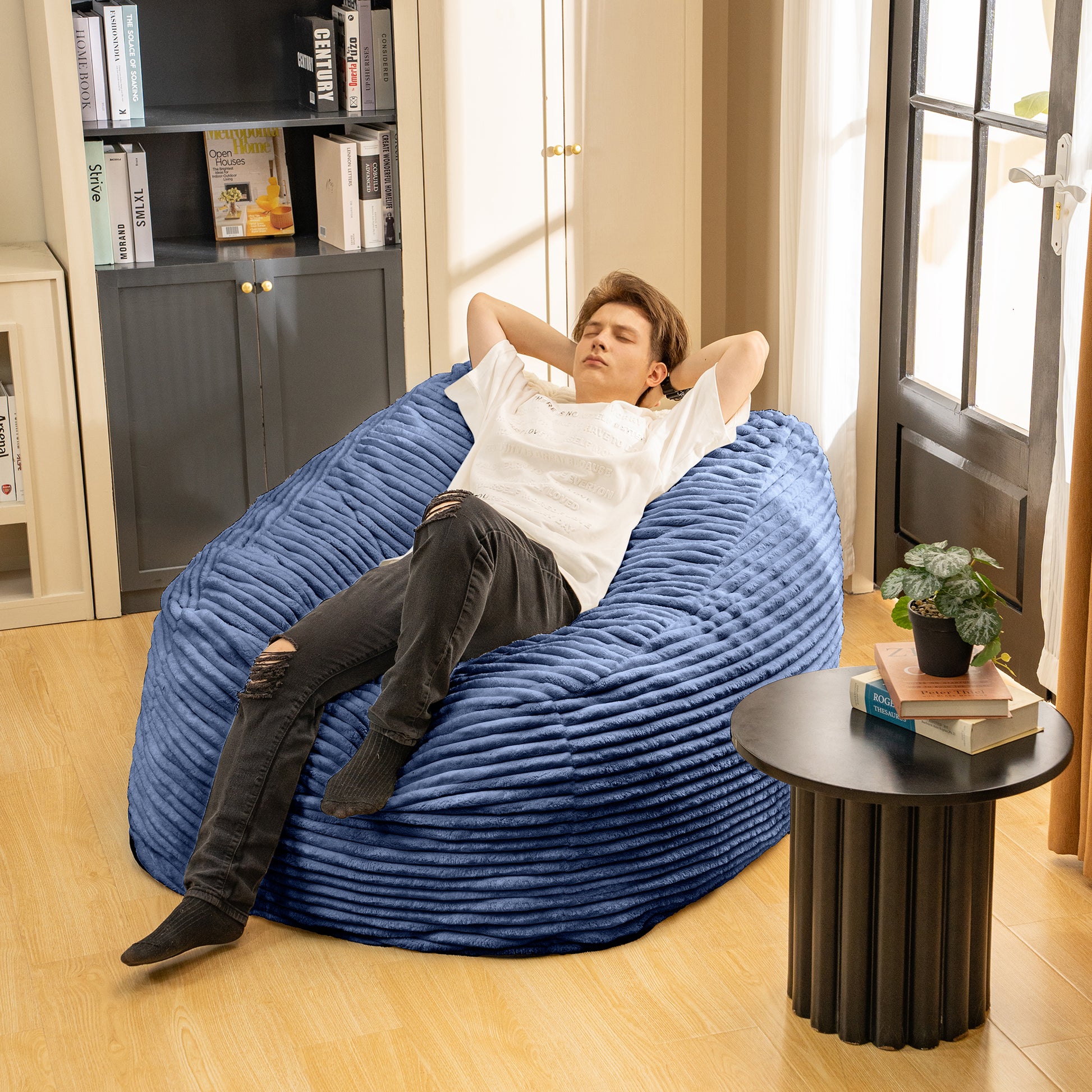 Faux Fur Classic Bean Bag Blue Primary Living Space Soft Casual,Modern Foam Faux Fur