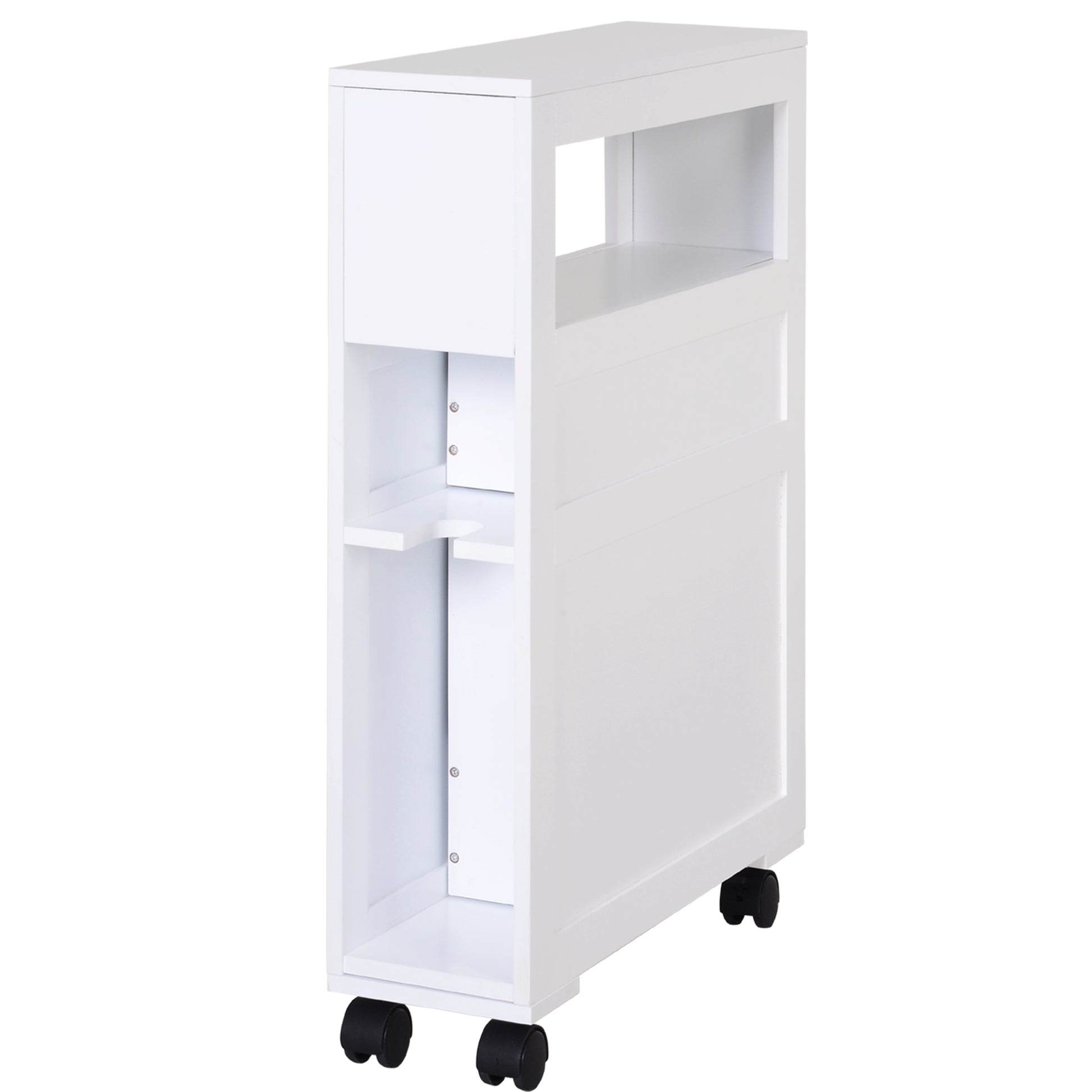 Homcom 6.25" X 20.5" X 28.25" Wood Rolling Narrow Bathroom Side Storage Cabinet White White Mdf