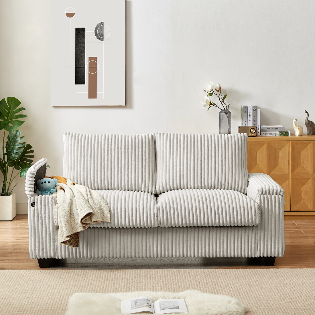 71" Loveseat Small Sofa Plush Corduroy Fabric Square Storage Armrest Usb Port Only Sofa, Do Not Include Ottoman Beige Fabric