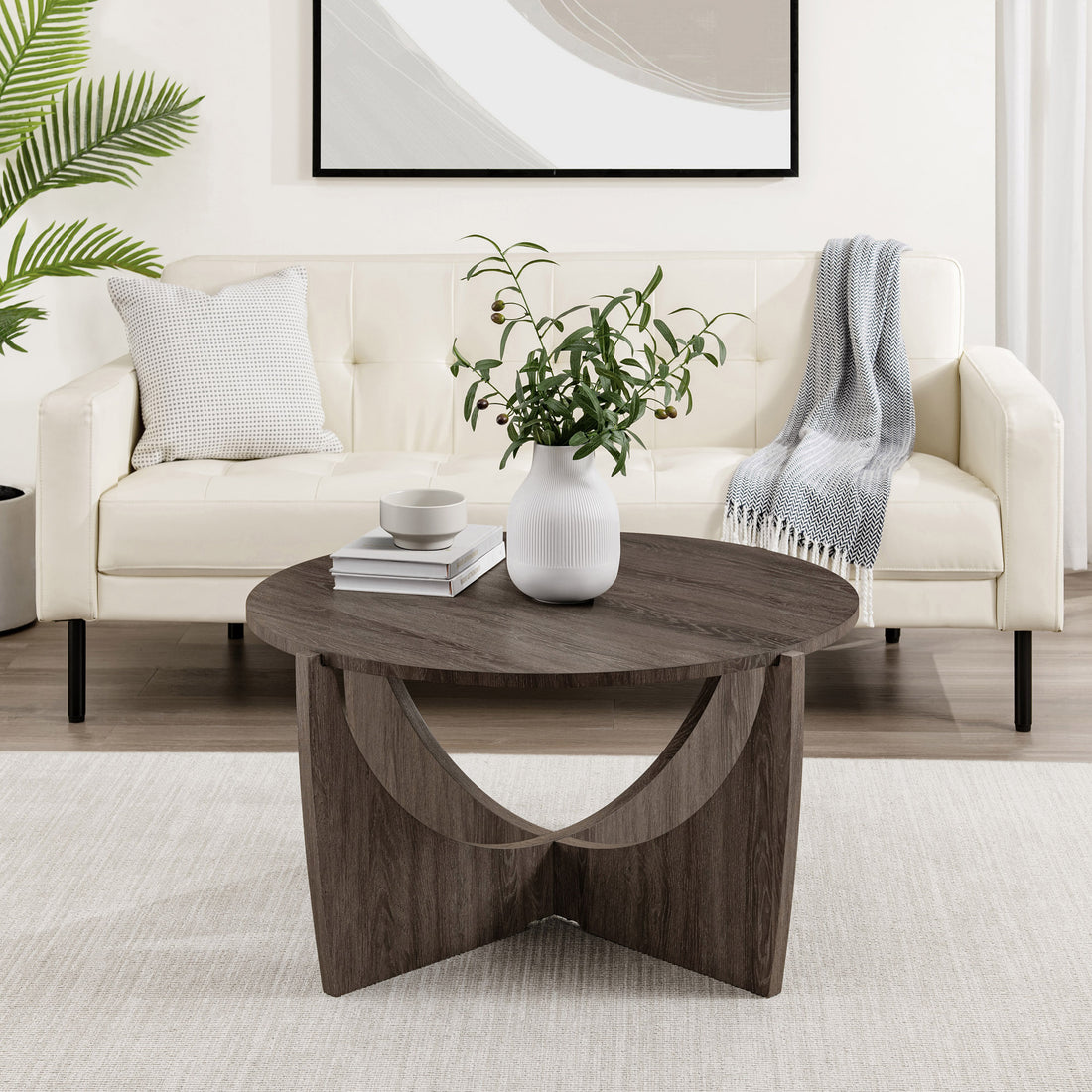 Contemporary Open Arch Base Round Coffee Table Cerused Ash Dark Gray Mdf Mdf