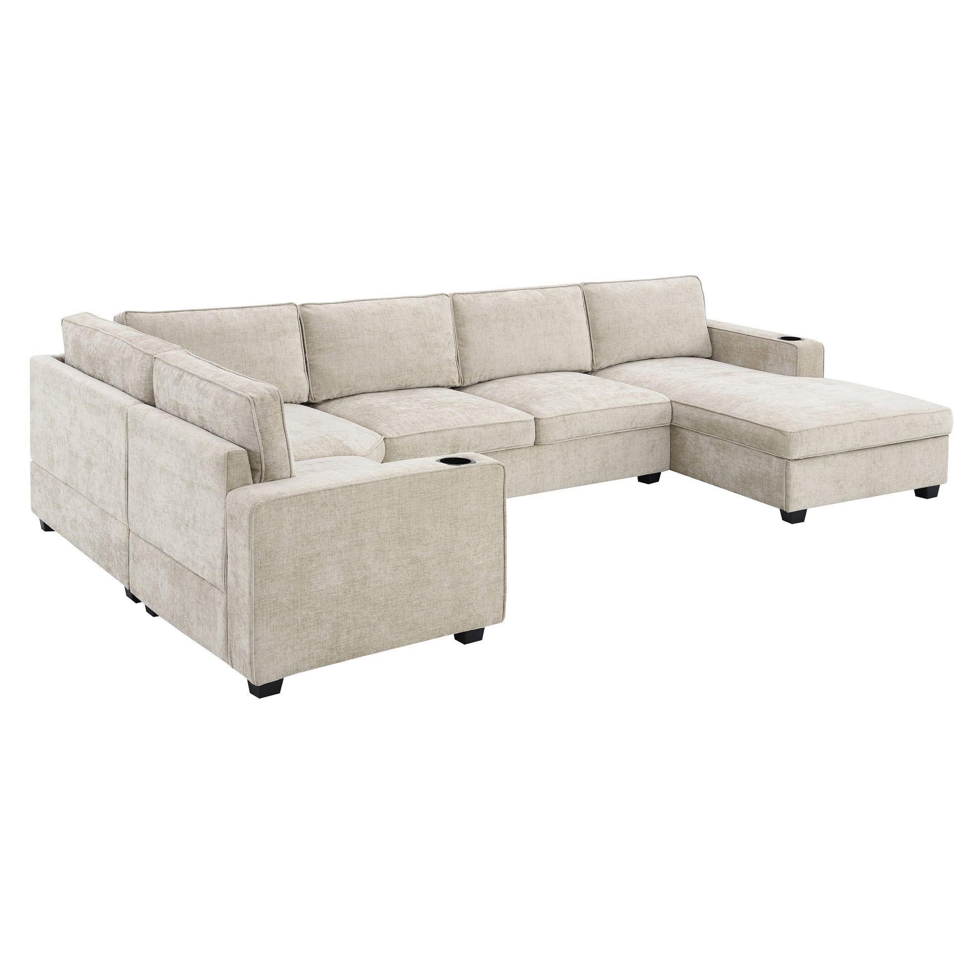 119*67" U Shaped Sectional Sofa,6 Seat Chenille Couch Set With Oversized Chaise Lounge,Irregular Corner,Deep Seat Comfy Sofa With Cup Holders For Living Room,Apartment,2 Colors Beige Chenille 6 Seat