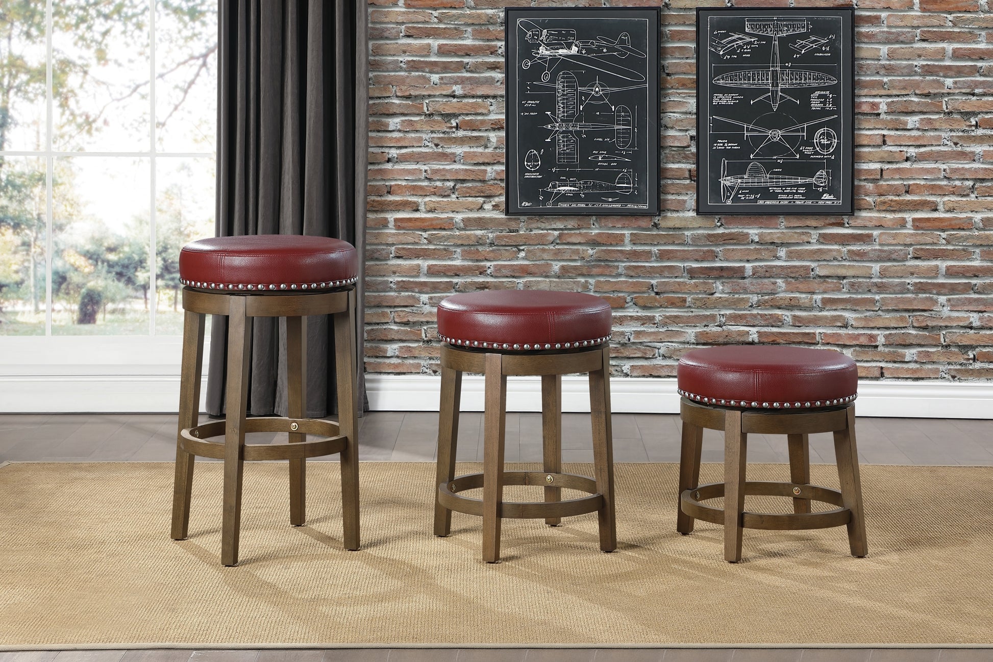 Round Swivel Bar Stools Set Of 2, Red Faux Leather 360 Degree Swivel Seat Trim Solid Wood Frame Brown Finish Furniture Red Brown Dining Room Round Solid Wood