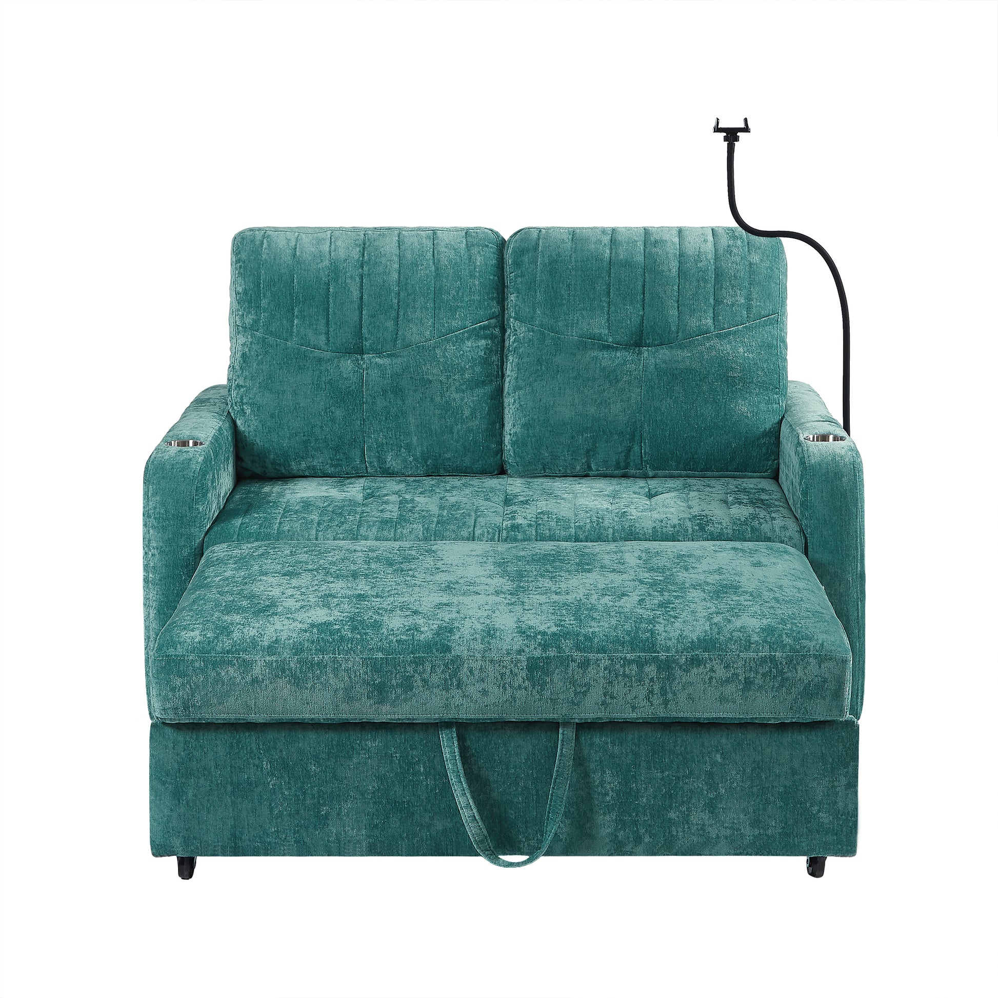 53.9" Modern Loveseat Pull Out Sofa Bed With Adjustable Backrest, Two Cup Holdersa Phone Holder, Three Charging Ports And Side Storage Pockets For Living Room, Teal Teal Foam Chenille