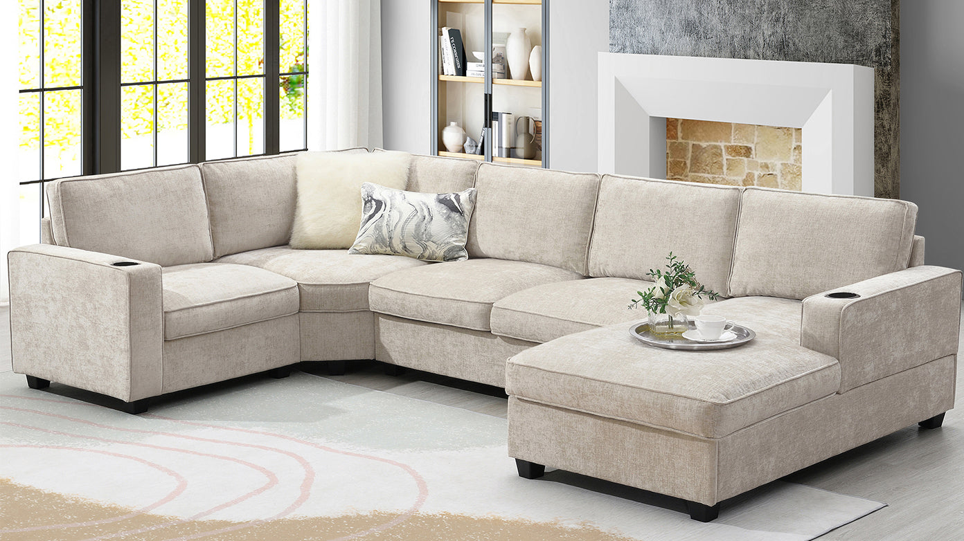 119*67" U Shaped Sectional Sofa,6 Seat Chenille Couch Set With Oversized Chaise Lounge,Irregular Corner,Deep Seat Comfy Sofa With Cup Holders For Living Room,Apartment,2 Colors Beige Chenille 6 Seat