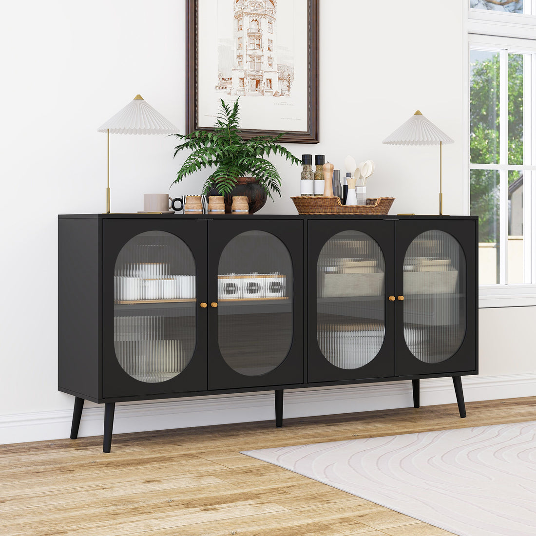 4 Door Cabinet, Sideboard Accent Cabinet, Storage Cabinet For Living Room, Hallway Entryway Kitchen Black Mdf