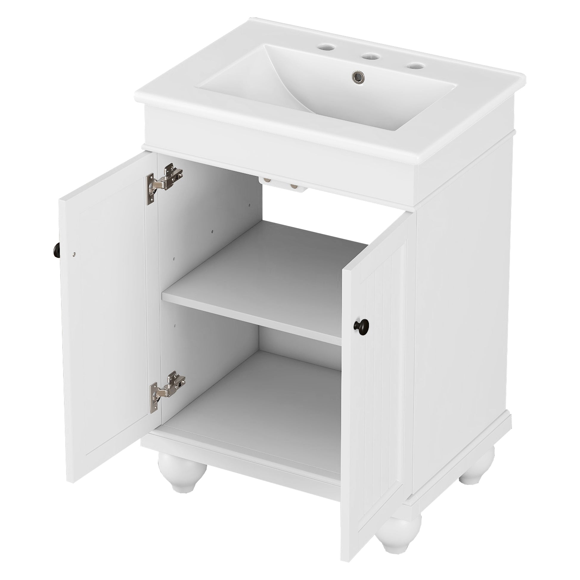 24" White Modern Sleek Bathroom Vanity Elegant Ceramic Sink With Solid Wood Frame, Adjustable Shelf White Solid Wood Mdf