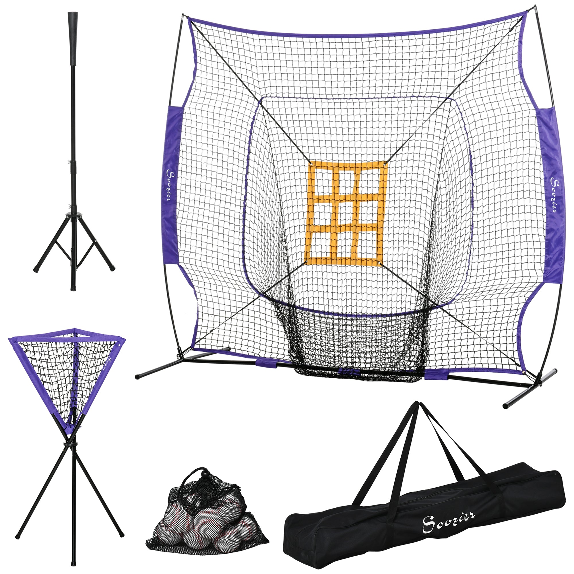 Soozier Baseball Practice Net Set With 7.5X7Ft Catcher Net, Ball Caddy And Batting Tee, Portable Baseball Practice Equipment With Carry Bag For Hitting, Pitching, Batting, Catching, Purple Purple Steel