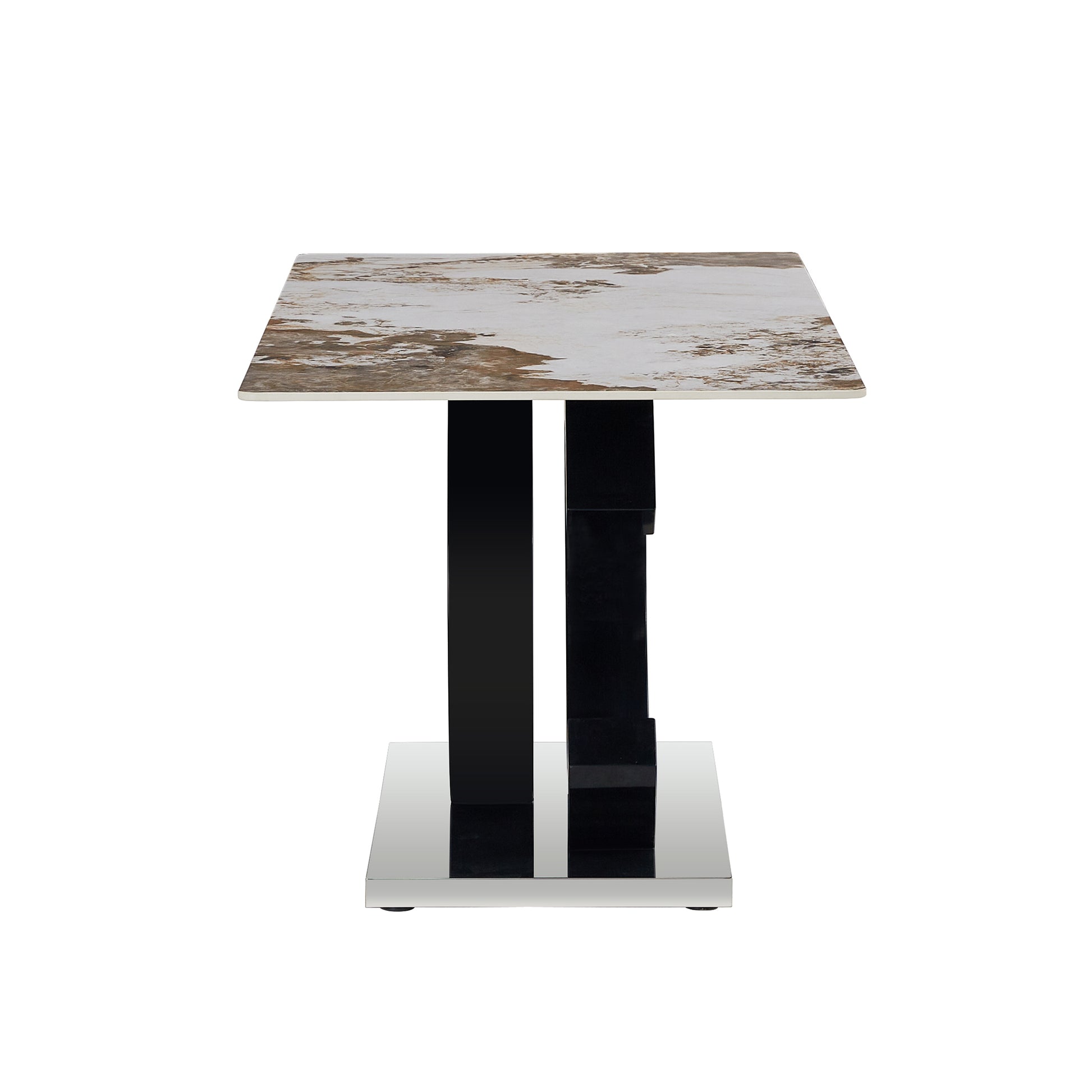 Table And Chair Set.63"X31.5" Marble Pattern Sintered Stone Table With Mdf Oc Shaped Bracket.Paired With 6 White Pu Chairs With Black Metal Legs.Suitable For Kitchen,Dining Room,Etc. White Black