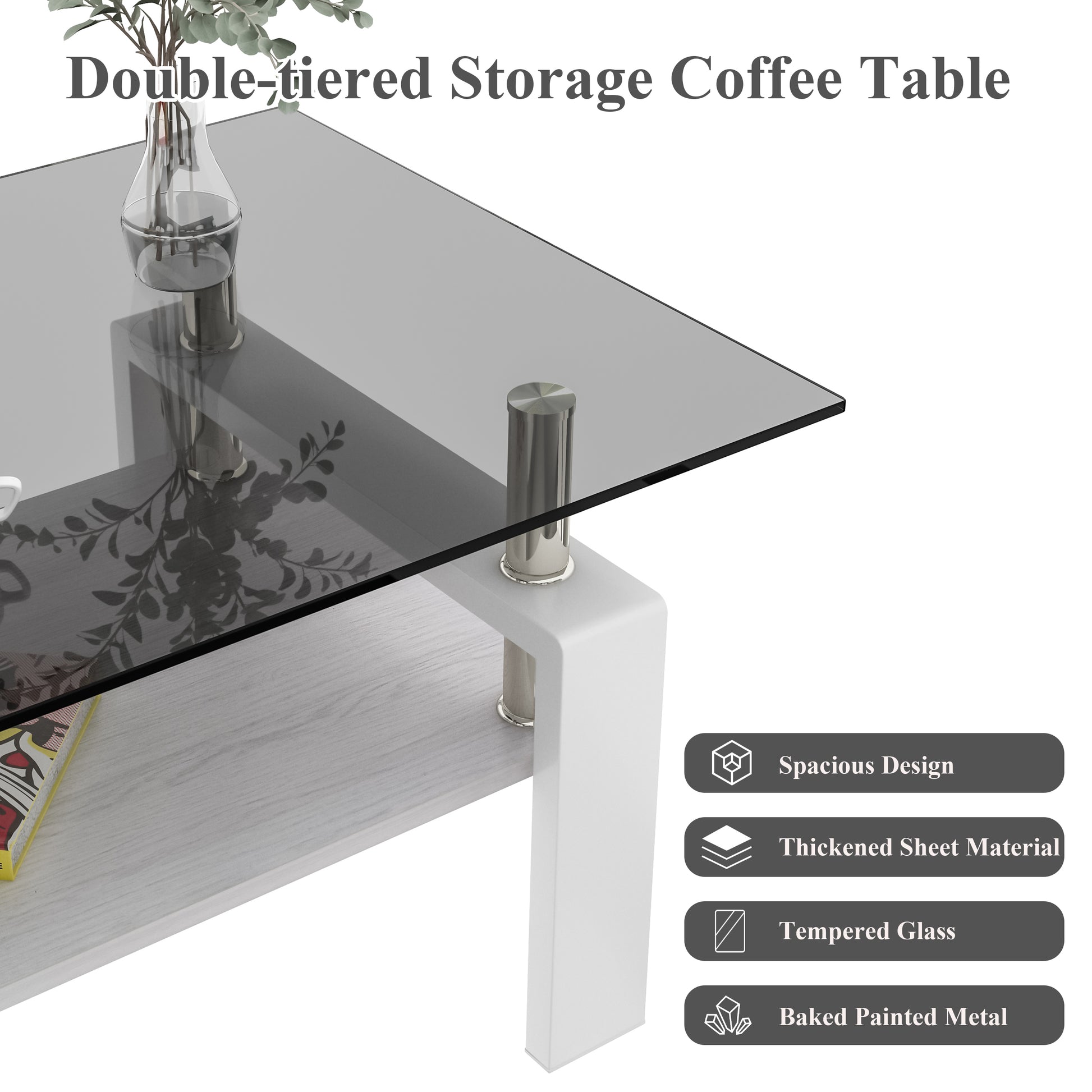 Rectangle Coffee Table, Tempered Glass Tabletop With Mdf Layer, Modern Table For Living Roomgray Glass Gray Tempered Glass