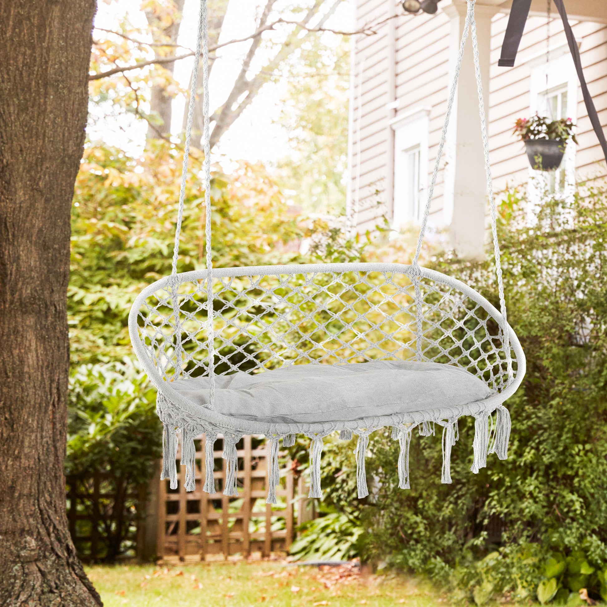 Outsunny 2 Person Hammock Chair Macrame Swing With Soft Cushion, Hanging Cotton Rope Chair For Indoor Outdoor Home Patio Backyard, Grey Gray Steel