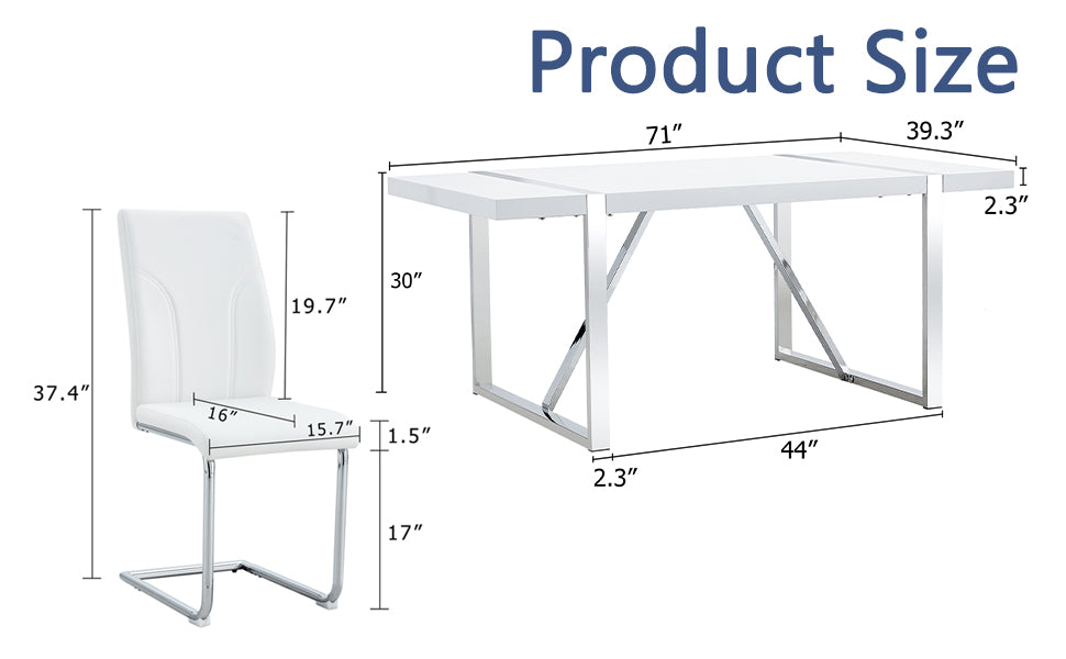 Table And Chair Set.71"X39.3" White Mdf Painting Dining Table Set With 6 White Pu Chairs.Showcasing A Modern And Stylish Look.Suitable For Dining Room.Mdf Painting,Iron Pipe Plating,Pu Chiairs.