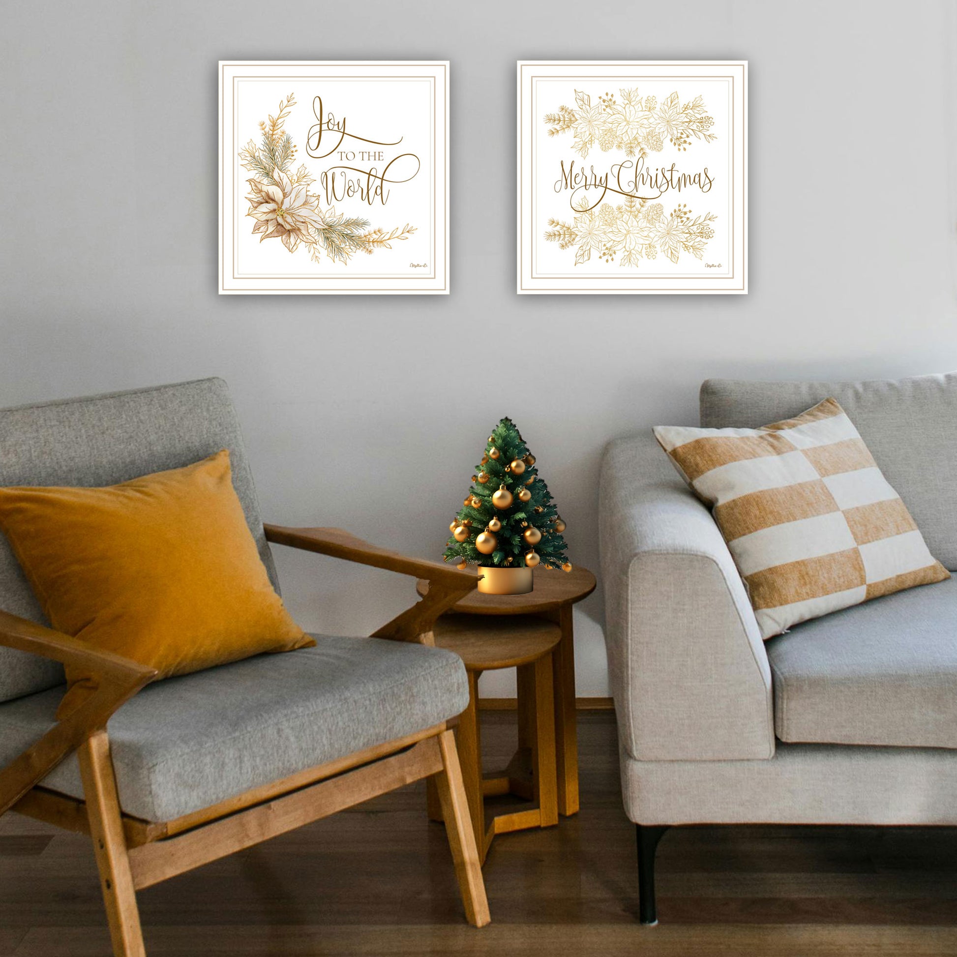 2 Piece Vignette Golden Merry Christmas White Framed Wall Art For Living Room, Bedroom Wall Art Print For Home Decor By Mollie B Multicolor Wood Paper