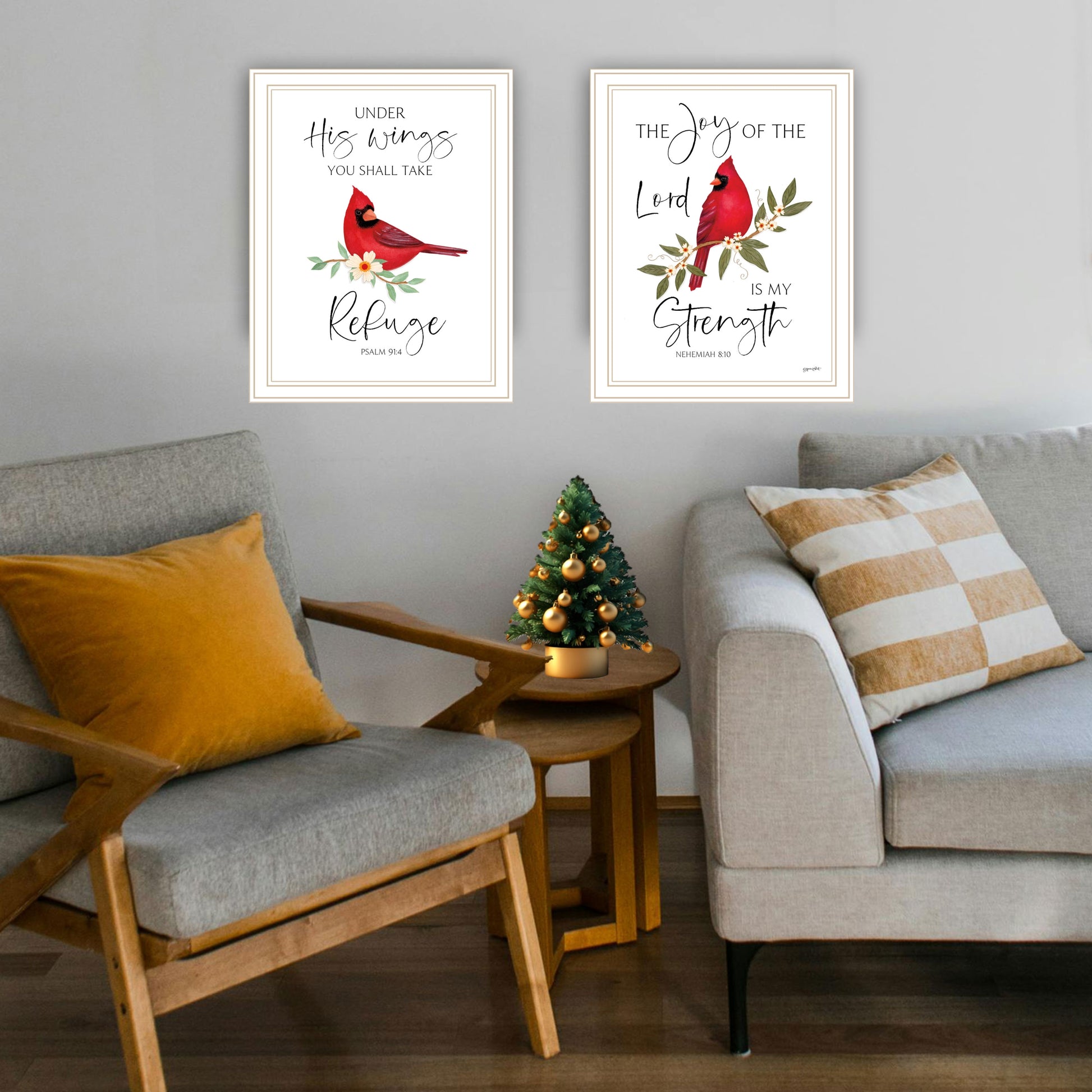 2 Piece Vignette The Lord Is My Strength Red Cardinals White Framed Wall Art For Living Room, Bedroom Wall Art Print For Home Decor By Annie Lapoint Multicolor Wood Paper