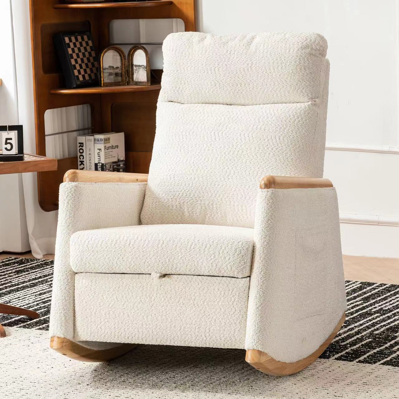 Accent Rocking Chair With Footrest High Back Rubber Wood Rocking Legs Bedroom Living Space 38.6D X 26.8W X 40.6H Inch Beige Wood