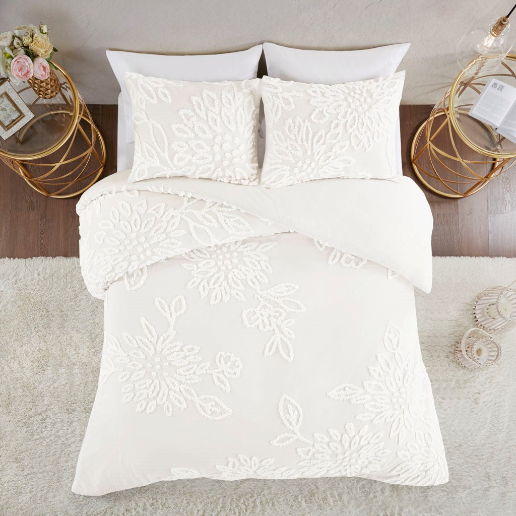 3 Piece Tufted Cotton Chenille Floral Duvet Cover Set King Off White Cotton