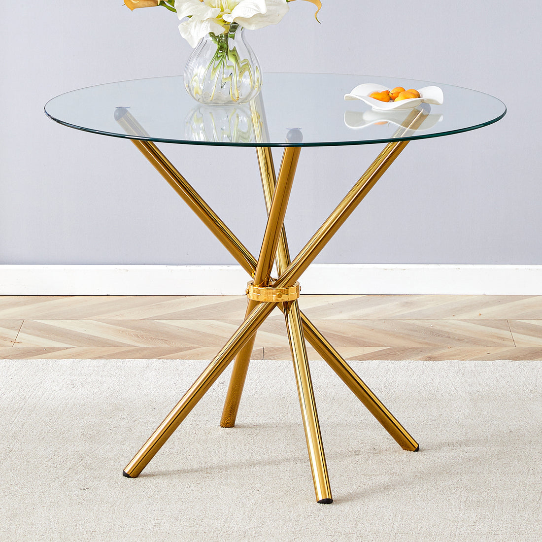 Round Clear Glass Dining Table With A Unique Shape For 4 6 People, With Ring Shaped Gathered Gold Metal Legs, Suitable For Desks, Kitchens, Terraces, Dining Rooms. Gold Glass Metal