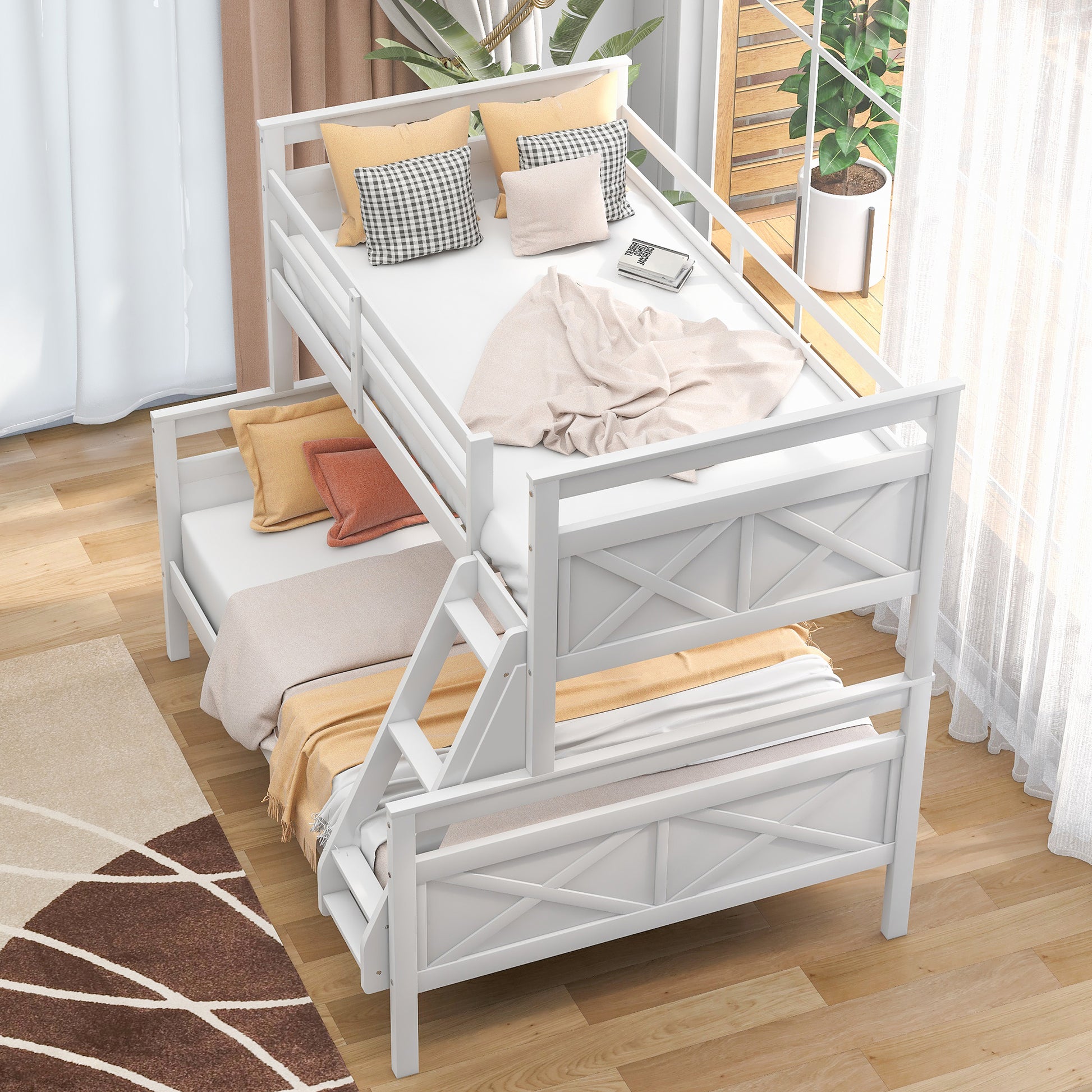 Twin Over Full Bunk Bed With Ladder, Safety Guardrail, Perfect For Bedroom, White Old Sku: Sm000118Aak 1 Twin Box Spring Not Required White Wood Bedroom Bunk Pine