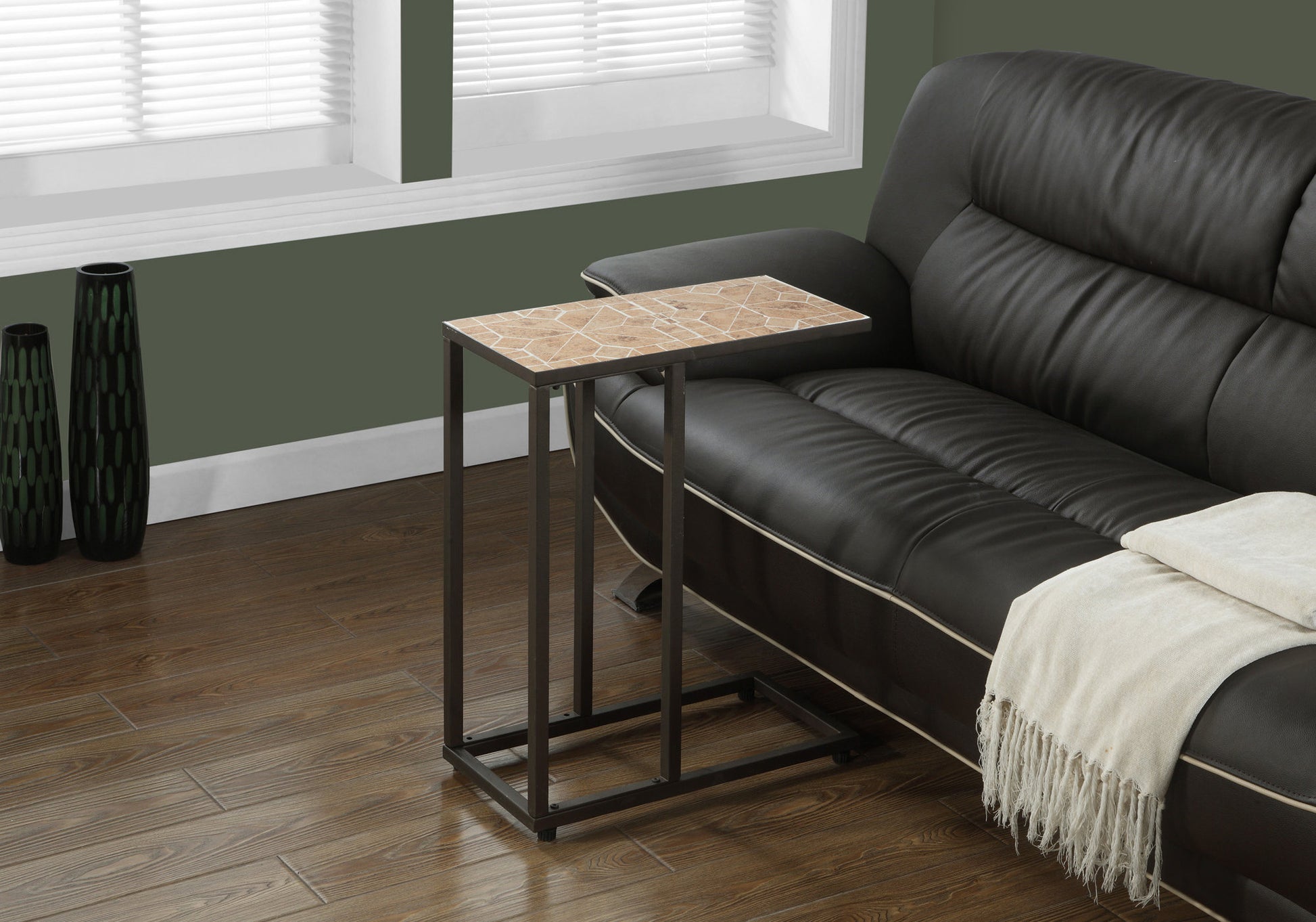 Accent Table, C Shaped, End, Side, Snack, Living Room, Bedroom, Brown Tile, Brown Metal, Transitional Brown Metal