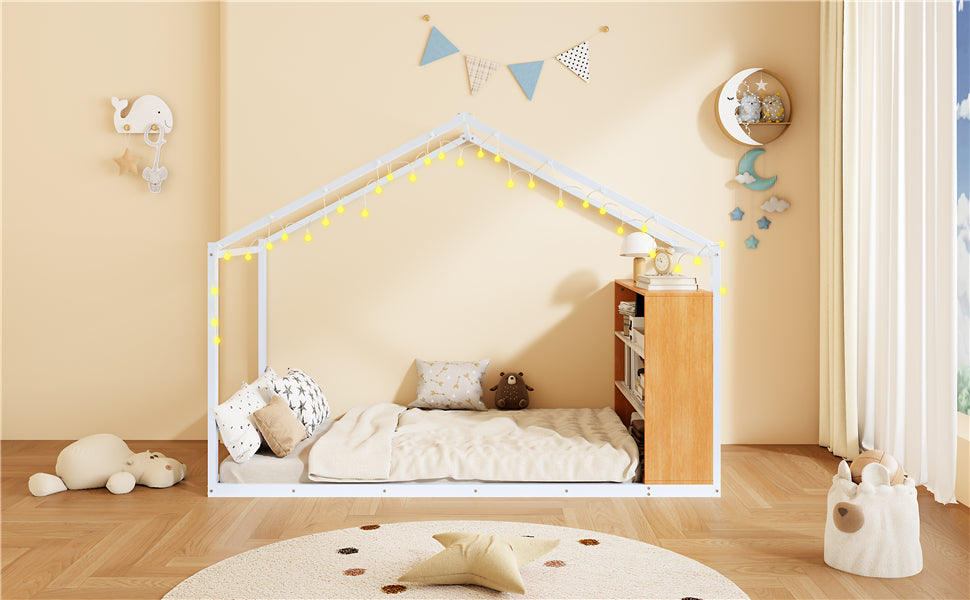Twin Size Metal Bed House Bed Frame With Shelves And Lights, White Twin White Metal & Wood