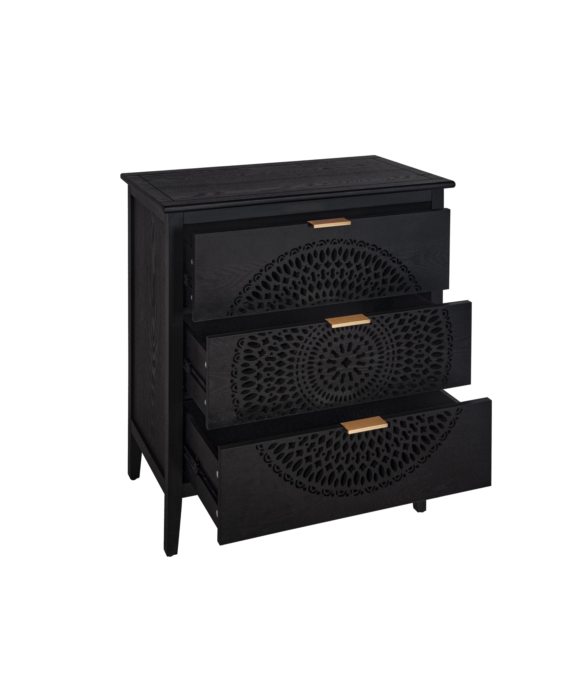 3 Drawer Cabinet With Hollow Carved 3 Drawer Dresser Storage Chest With Metal Handles For Entryway Living Room Bedroom Black American Design Mdf