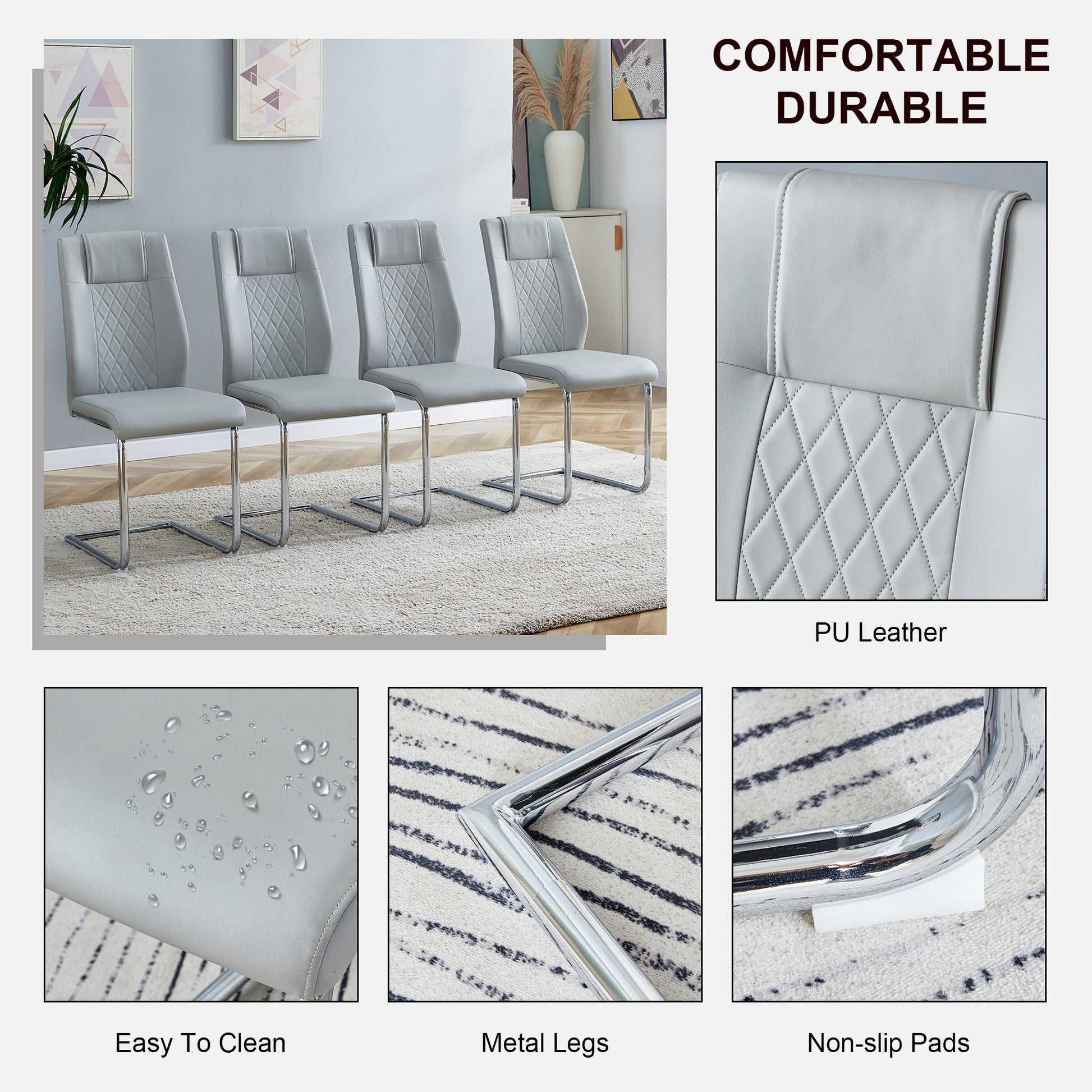 Table And Chair Set.Modern Rectangular Glass Dining Table With A Tempered Glass Tabletop And Silver Metal Legs, Paired With Multiple Chairs Designed With Pu Cushions And Silver Metal Legs. Gray Silver Seats 8 Tempered Glass