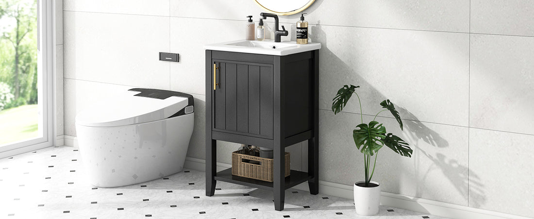 20" Bathroom Vanity With Sink, Bathroom Cabinet With Soft Closing Door, Storage Rack And Open Shelf, Black Black Solid Wood Mdf