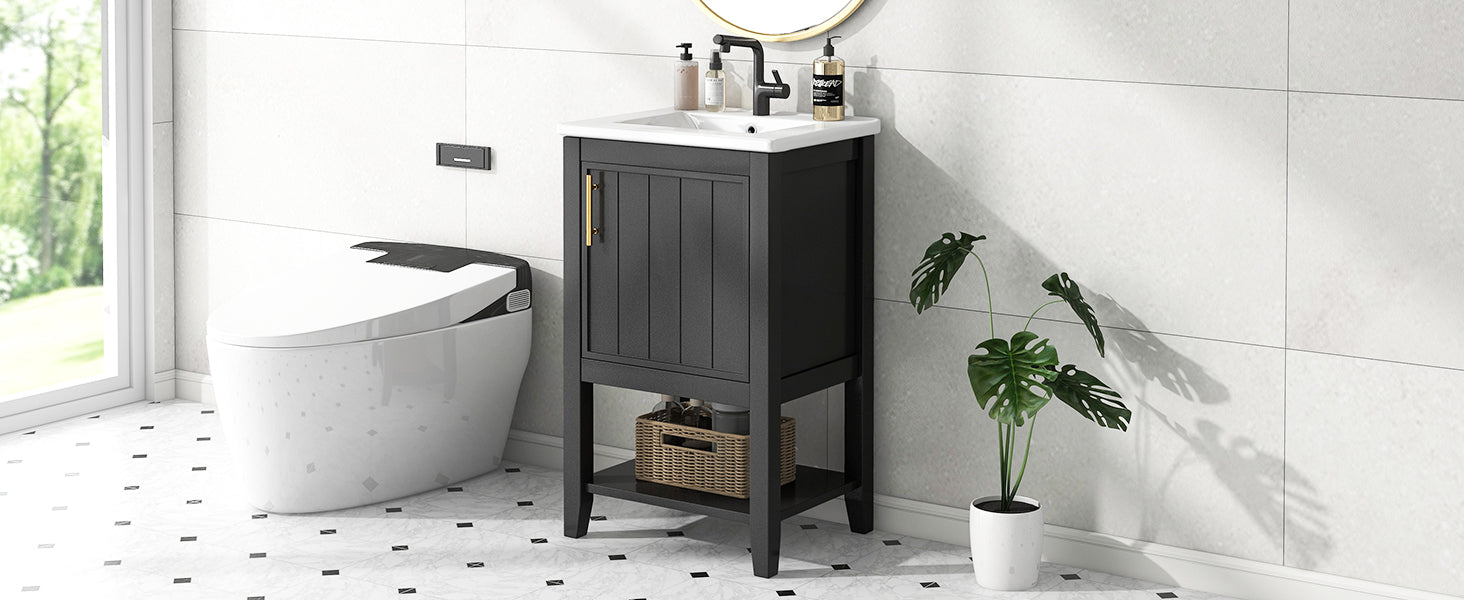 20" Bathroom Vanity With Sink, Bathroom Cabinet With Soft Closing Door, Storage Rack And Open Shelf, Black Black Solid Wood Mdf