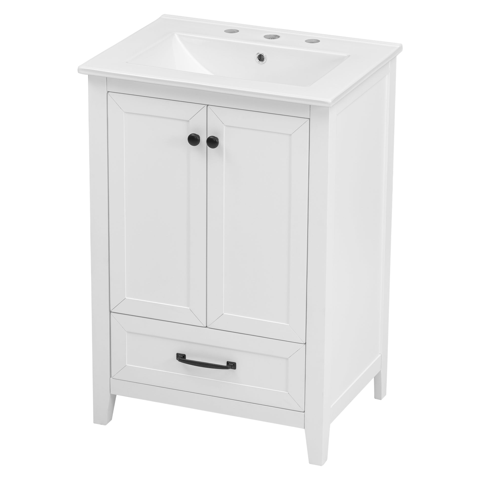 24" Bathroom Vanity With Sink, Bathroom Vanity Cabinet With One Drawer And Doors, Solid Wood And Mdf, White White Solid Wood Mdf