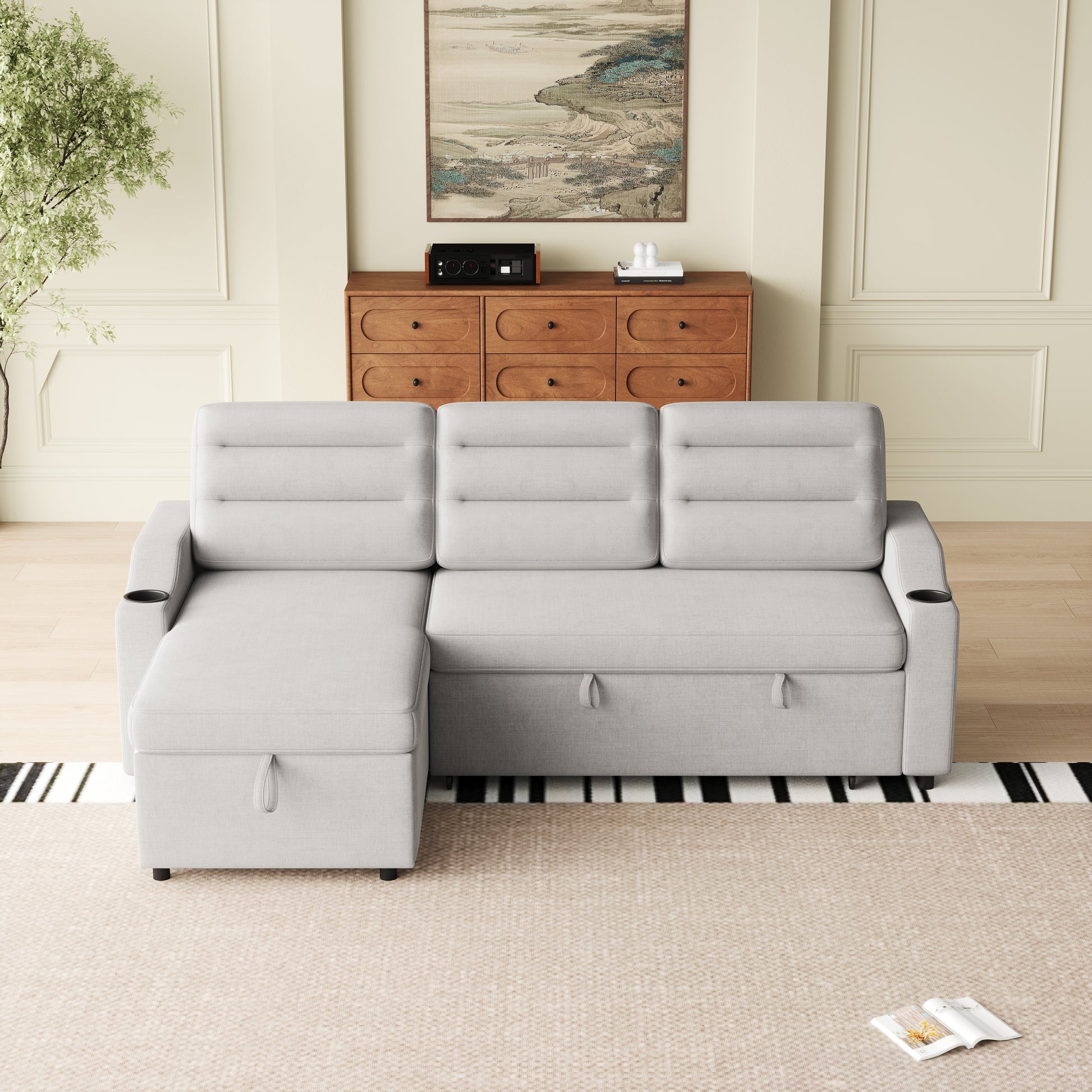 Mh83.5" Convertible Sleeper Combo Sofa, Convertible Sofa Bed Polyester Pullout Bed With Storage Recliner And Cup Holder For Living Room, Tight Spaces Light Grey Polyester Primary Living Space Pine Foam Fabric 3 Seat