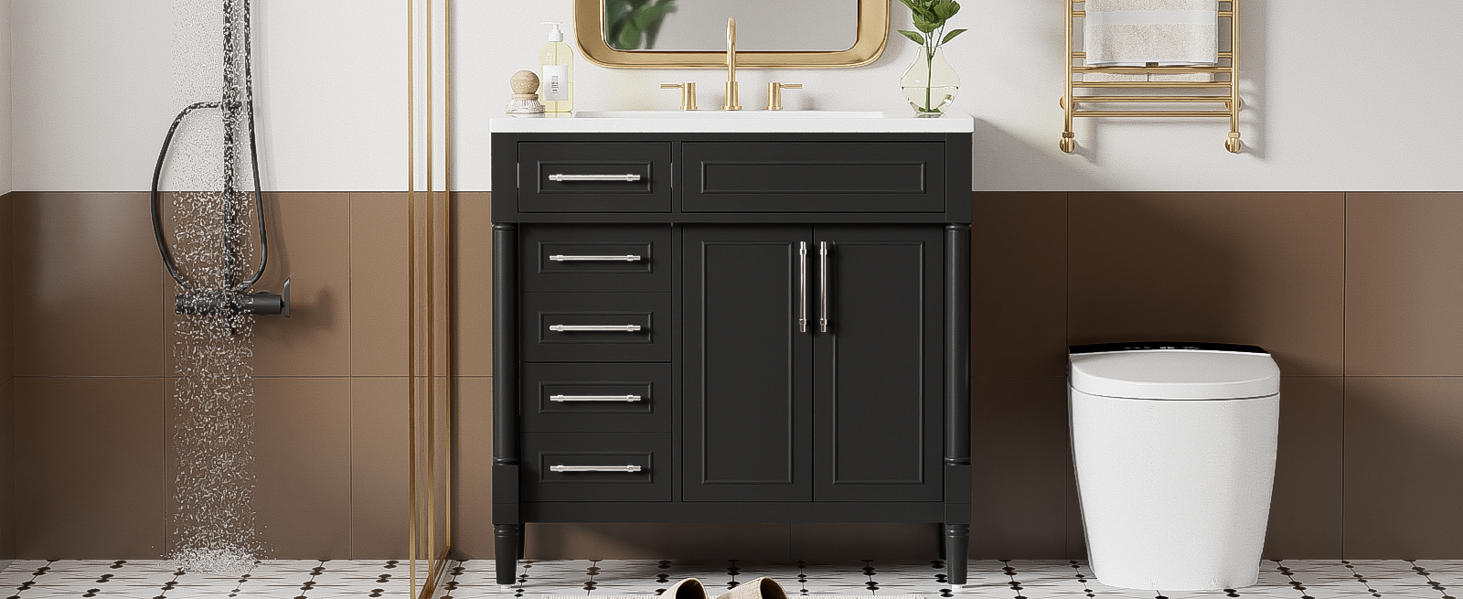 36'' Bathroom Vanity With Top Resin Sink, Freestanding Bathroom Storage Cabinet With 2 Drawers And A Tip Out Drawer, Solid Wood Frame Vanity Set, Height Adjustable Shelf 3 Black 2 2 Adjustable