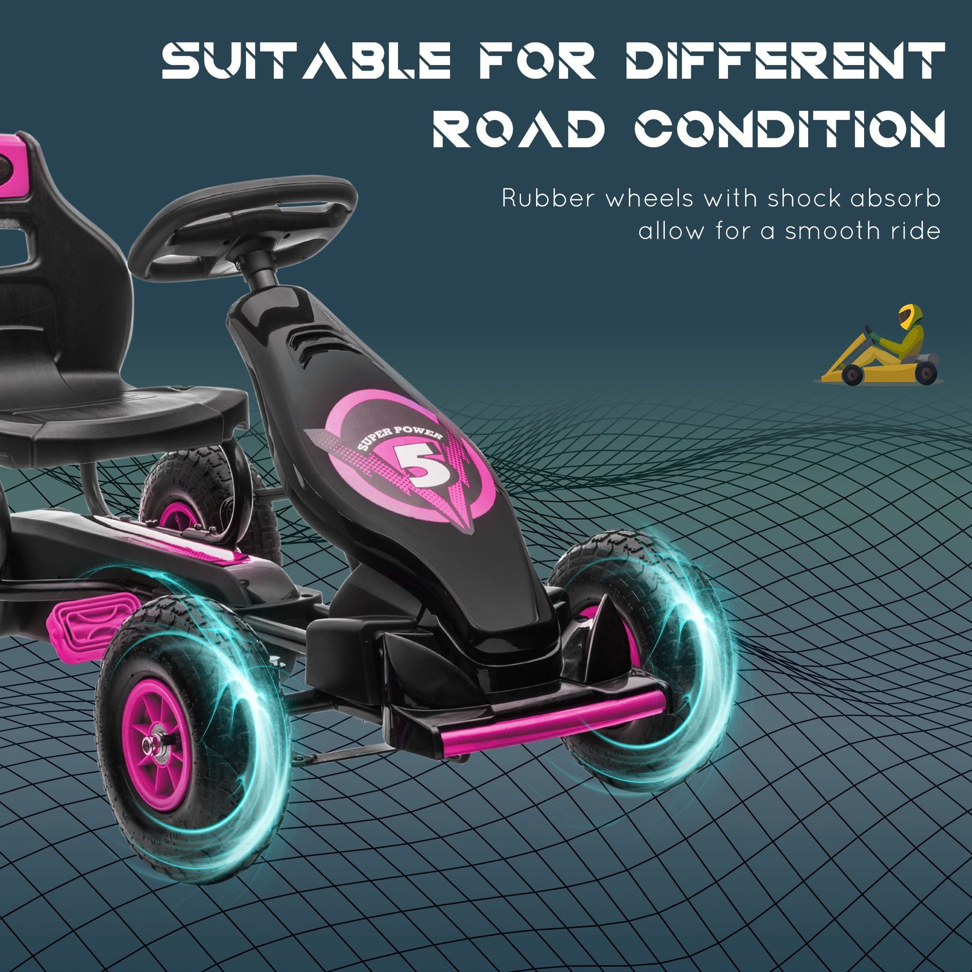 Aosom Kids Pedal Go Kart Ride On Toy With Ergonomic Comfort, Pedal Car With Tough, Wear Resistant Tread, Go Cart Kids Car For Boys & Girls With Suspension System, Safety Hand Brake, Ages 5 12, Pink Pink Plastic