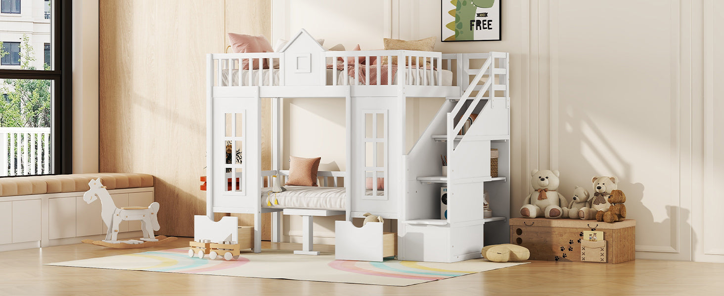 Twin Over Twin Bunk Bed With Changeable Table, Bunk Bed Turn Into Upper Bed And Down Desk White Twin White Solid Wood
